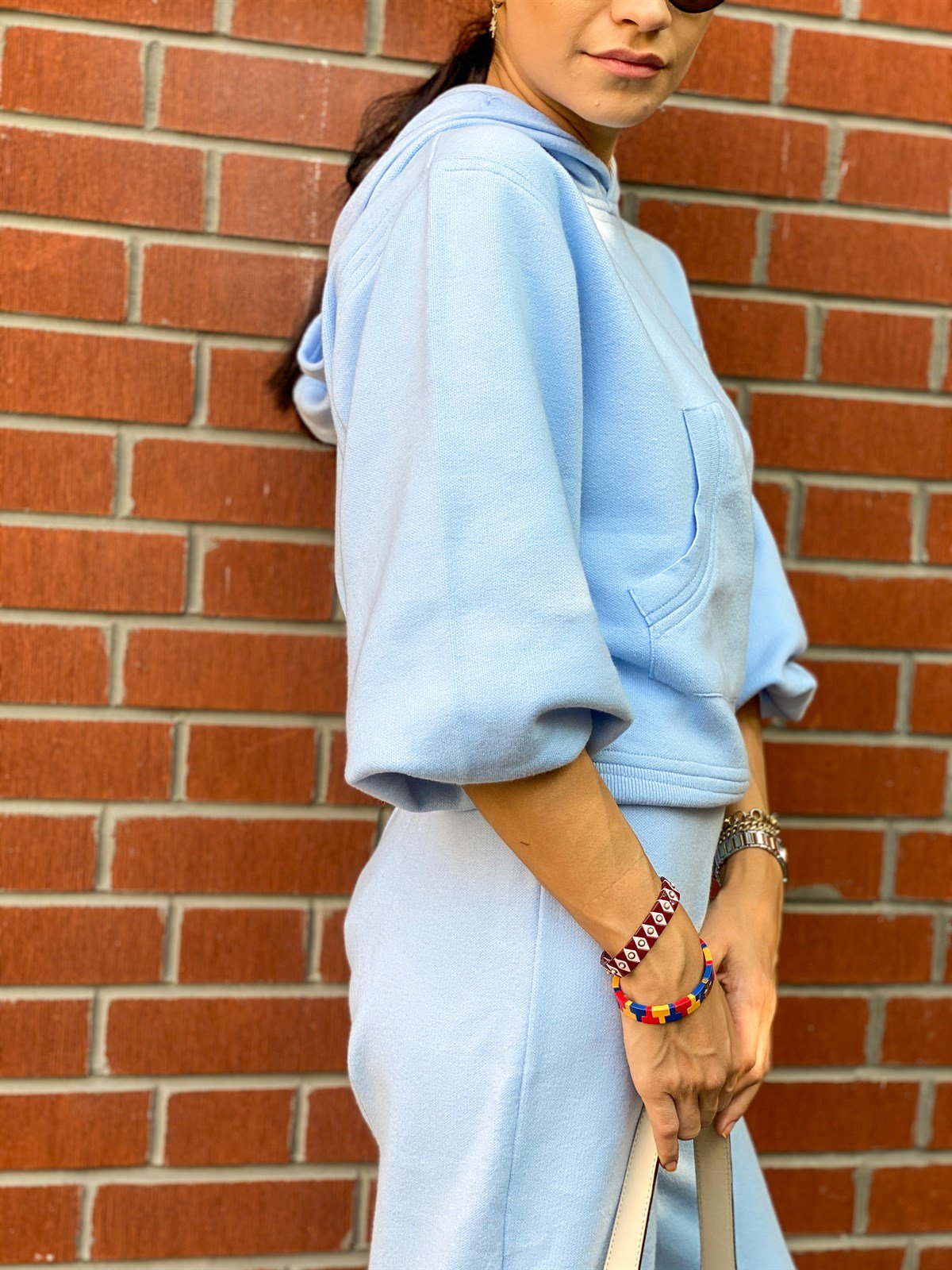 Mavi Kapüşonlu Triko Sweatshirt