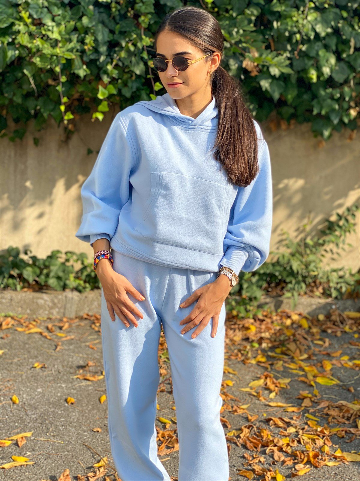 Mavi Kapüşonlu Triko Sweatshirt