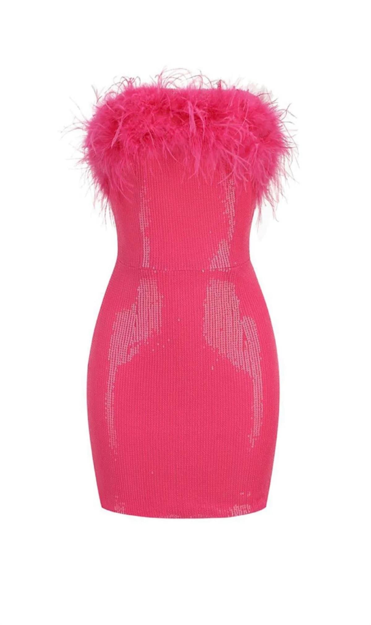 Otrişli Payetli Pembe Mini Tasarım Elbise