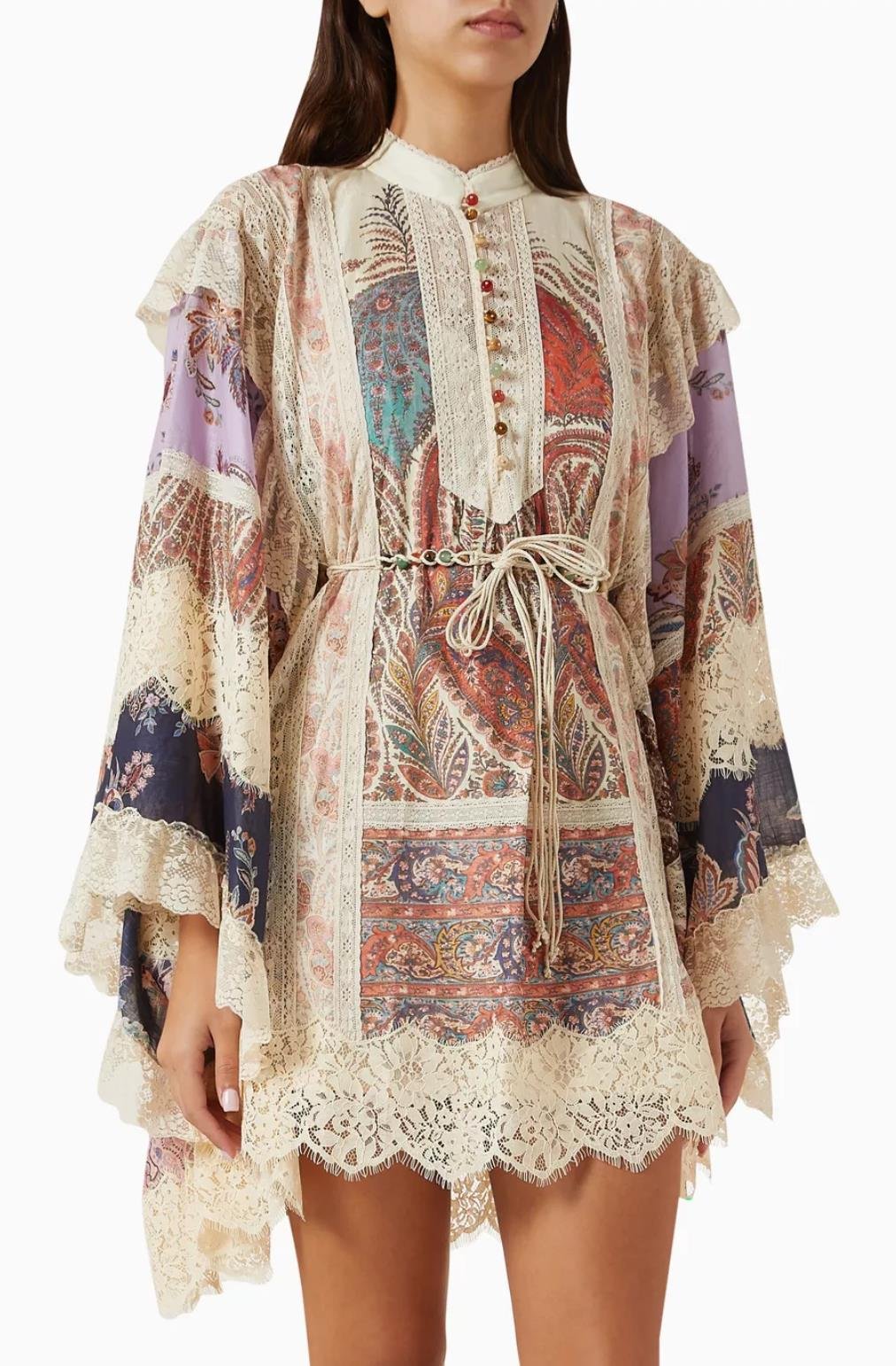 Patchwork Desenli Dantel Detaylı Dökümlü Premium Keten Elbise