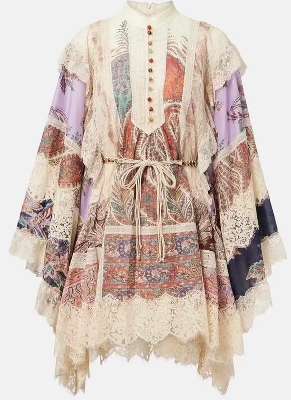 Patchwork Desenli Dantel Detaylı Dökümlü Premium Keten Elbise