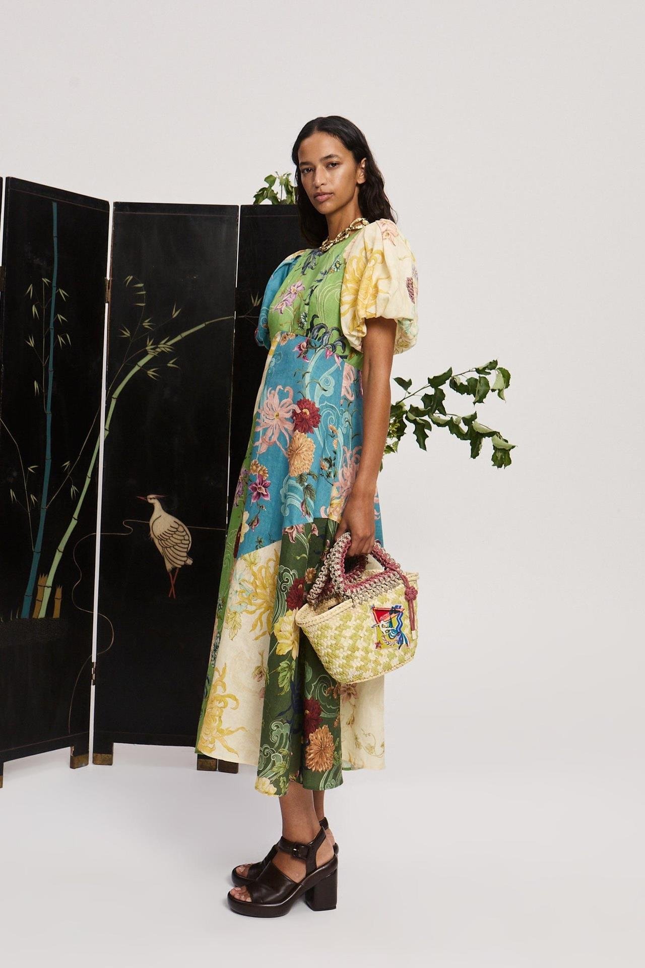 Patchwork Desenli Kısa Kollu Premium Midi Elbise