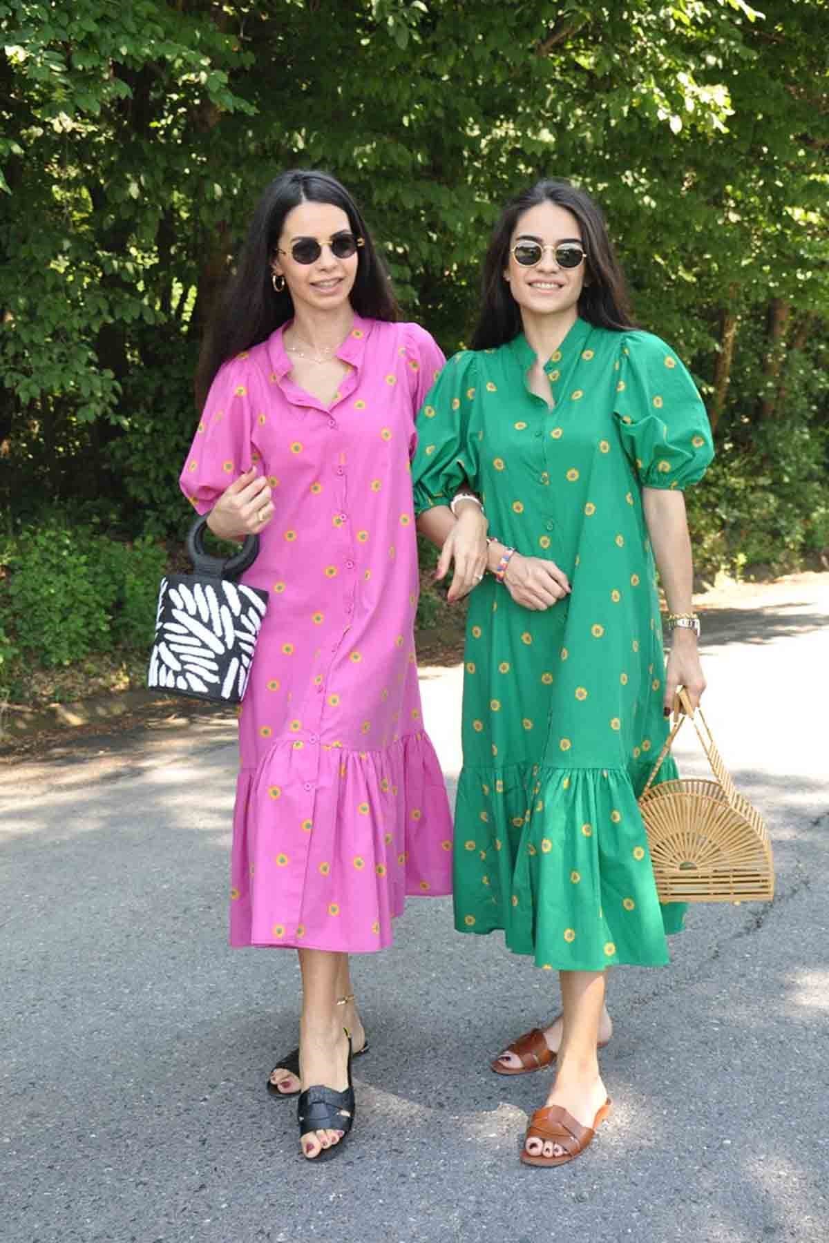 Pembe Çiçekli Gömlek Elbise