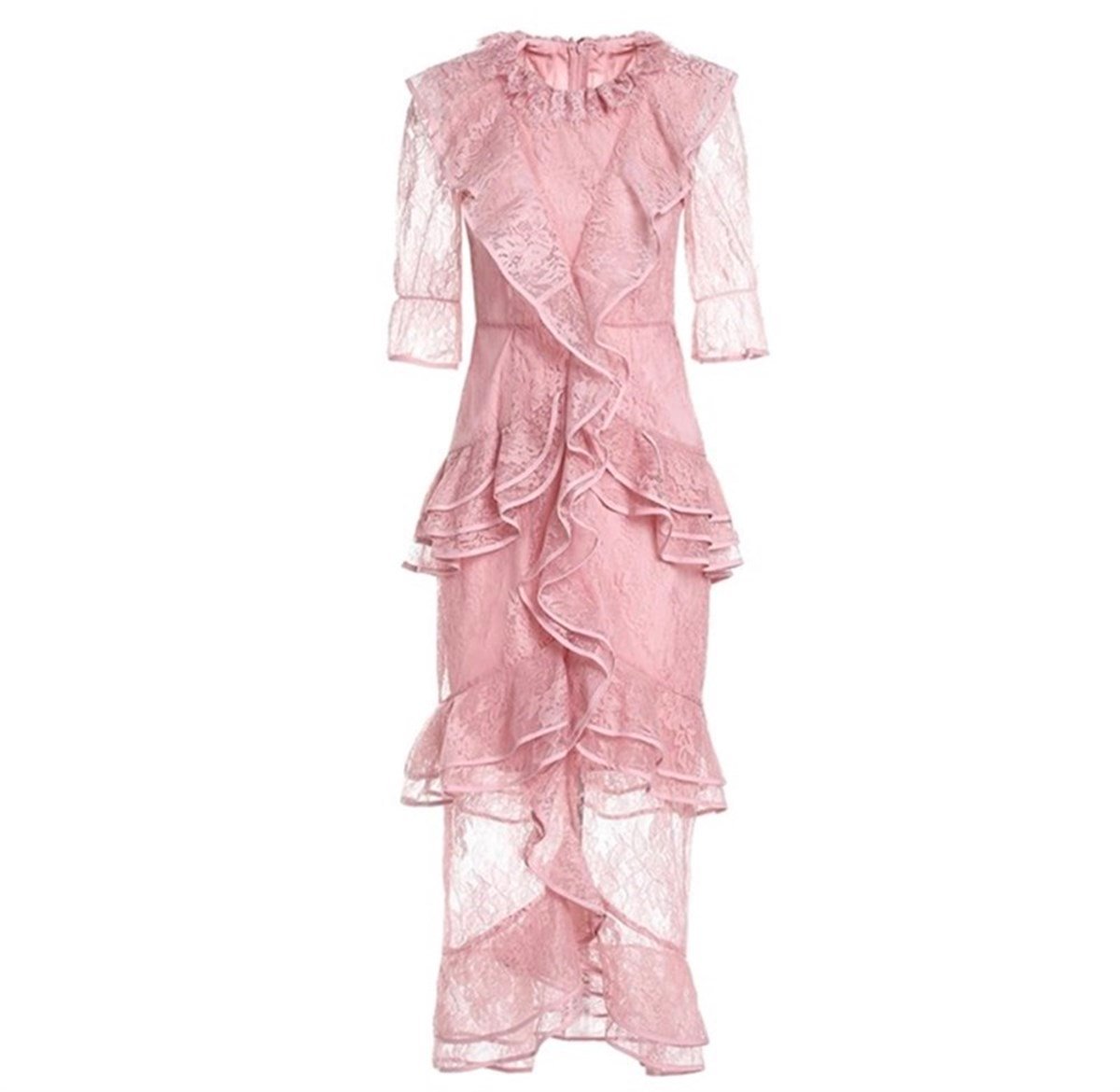 Pembe Dantelli Midi Boy Tasarım Elbise