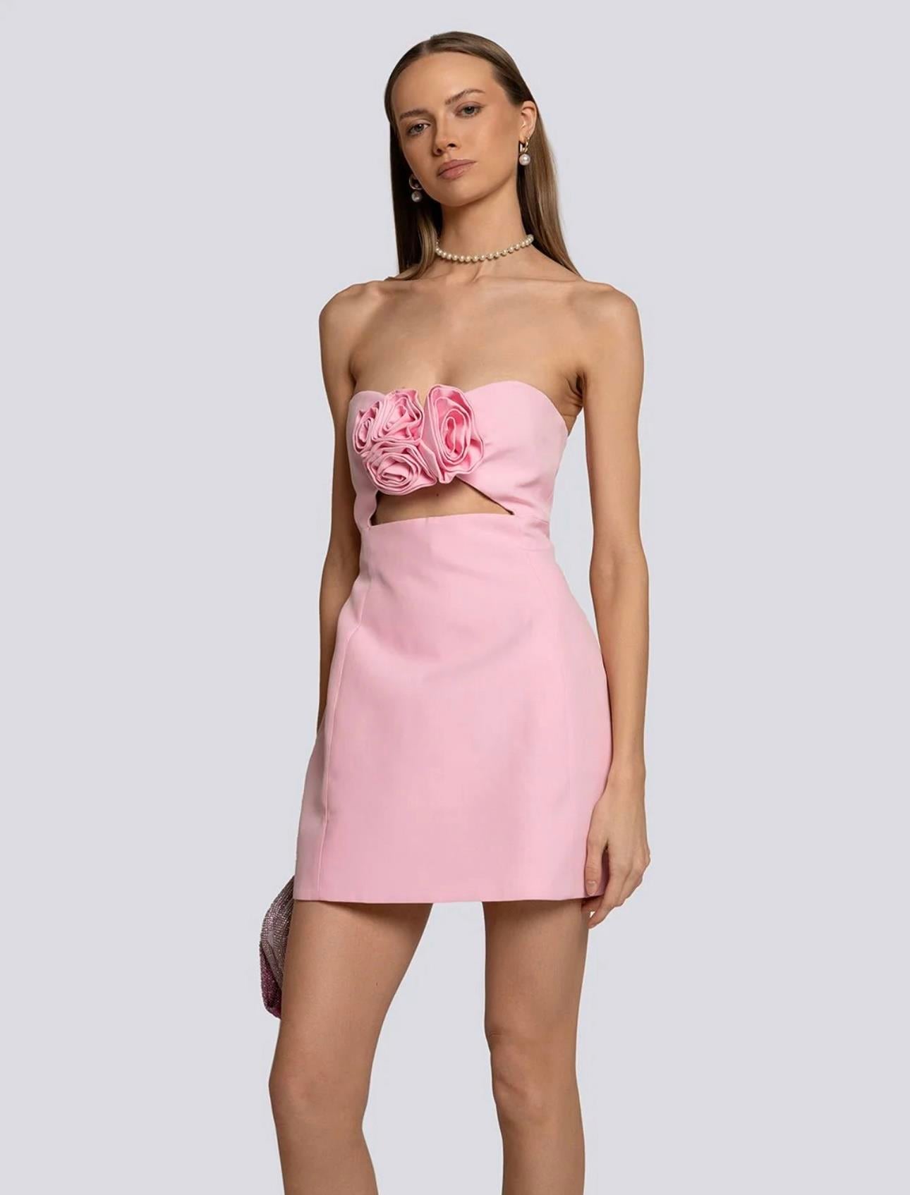 Pembe Gül Detaylı Straplez Mini Elbise