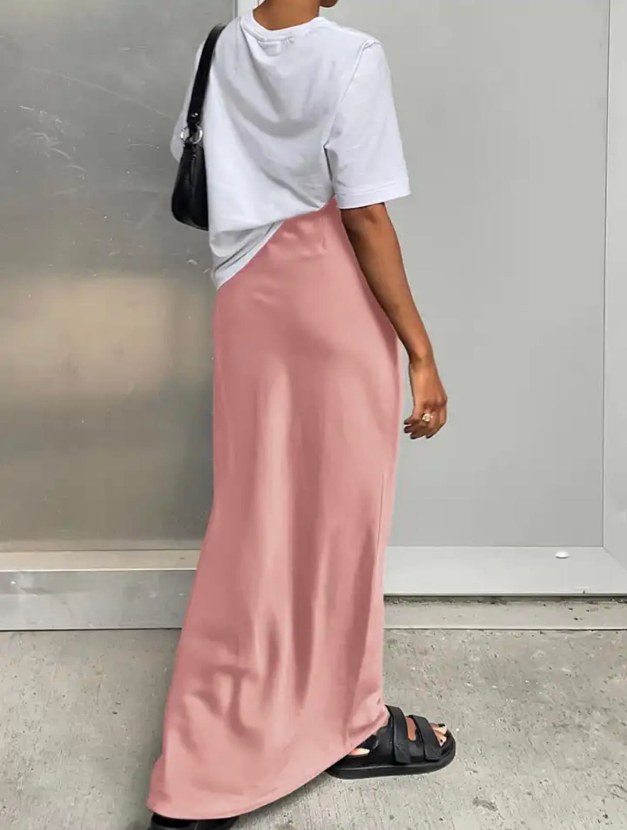 Pembe Saten Maksi Etek