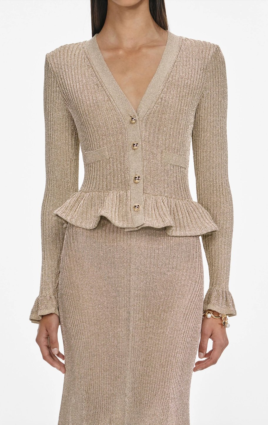 Peplum Detaylı Gold Düğmeli Tasarım Midi Elbise