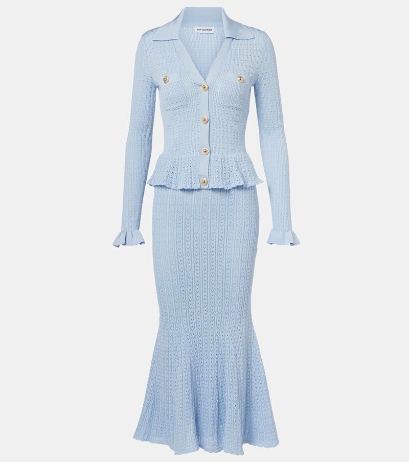 Peplum Detaylı Triko Midi Boy Mavi Elbise