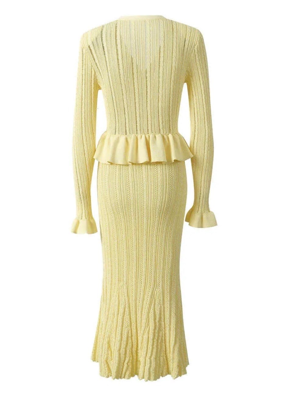 Peplum Detaylı Triko Midi Boy Sarı Elbise