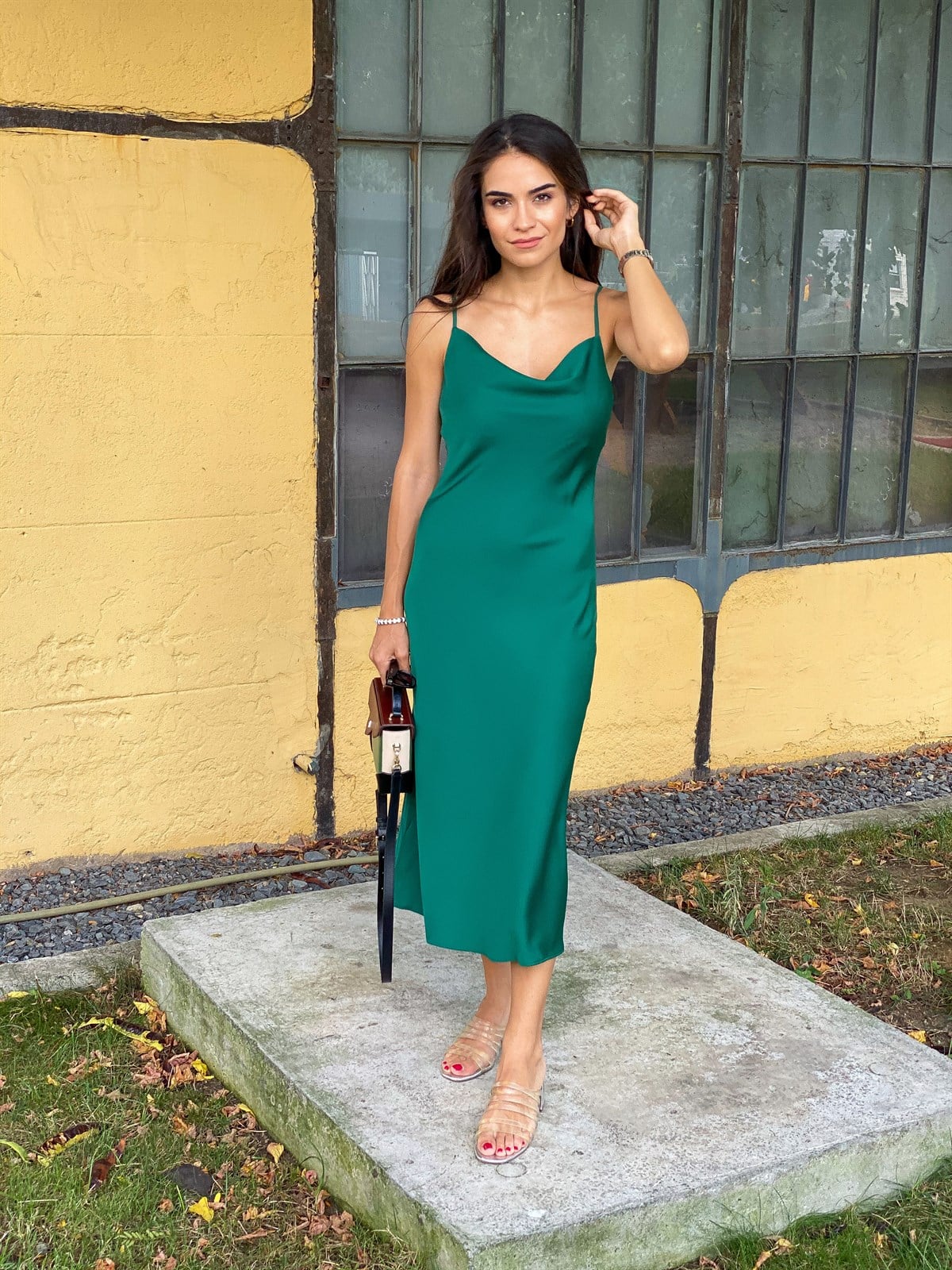 Petrol Yeşili Saten Slip Elbise