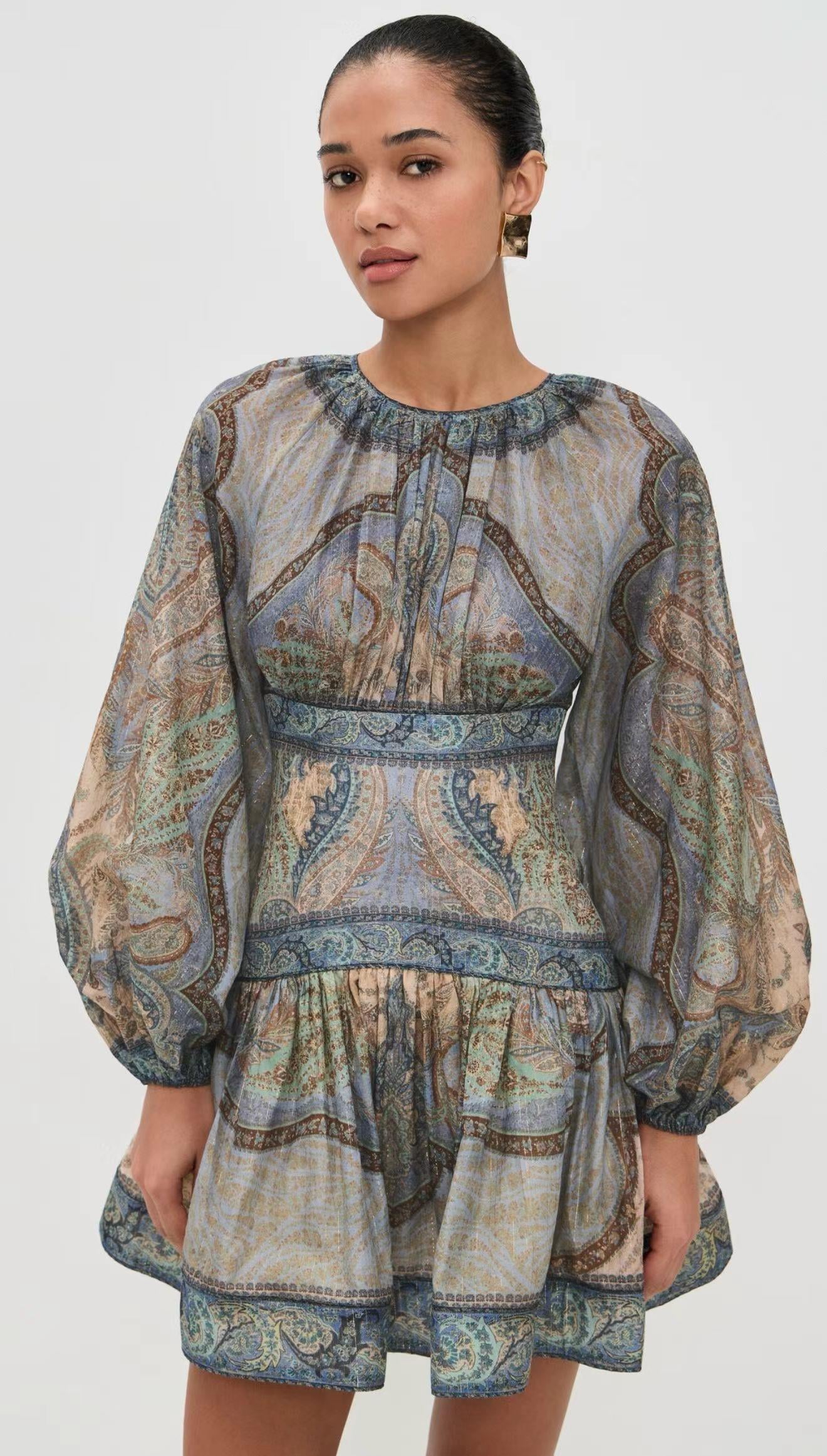 Şal Desenli Bele Oturan Premium Mini Elbise