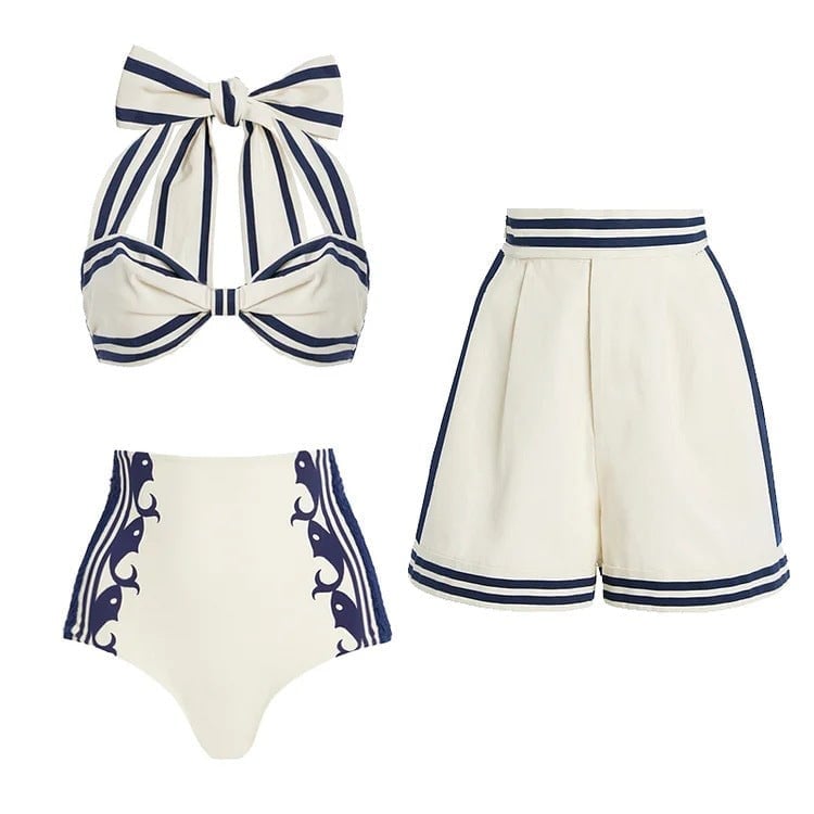 Şerit Detaylı Bikini ve Etek Pareo Takım (3 parça)