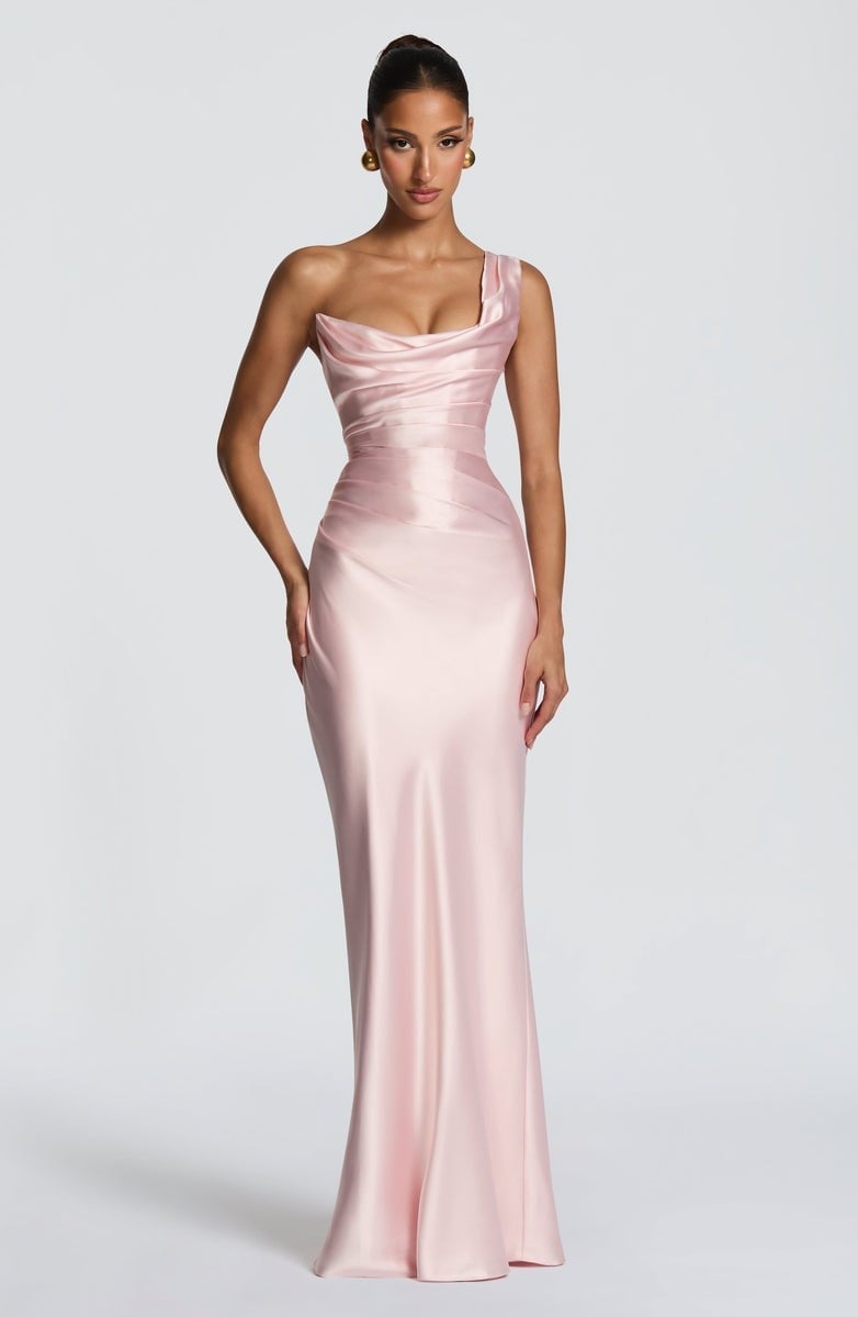 Sırtı Korse Tek Kol Detaylı Drape Detaylı Saten Toz Pembe Elbise
