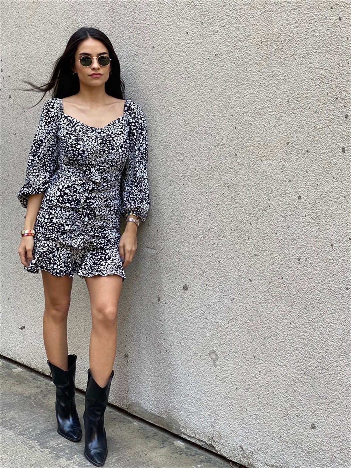 Siyah Beyaz Drape Detaylı Mini Elbise