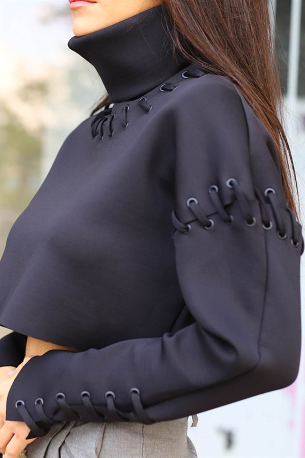 Siyah Dalgıç Kumaş Crop