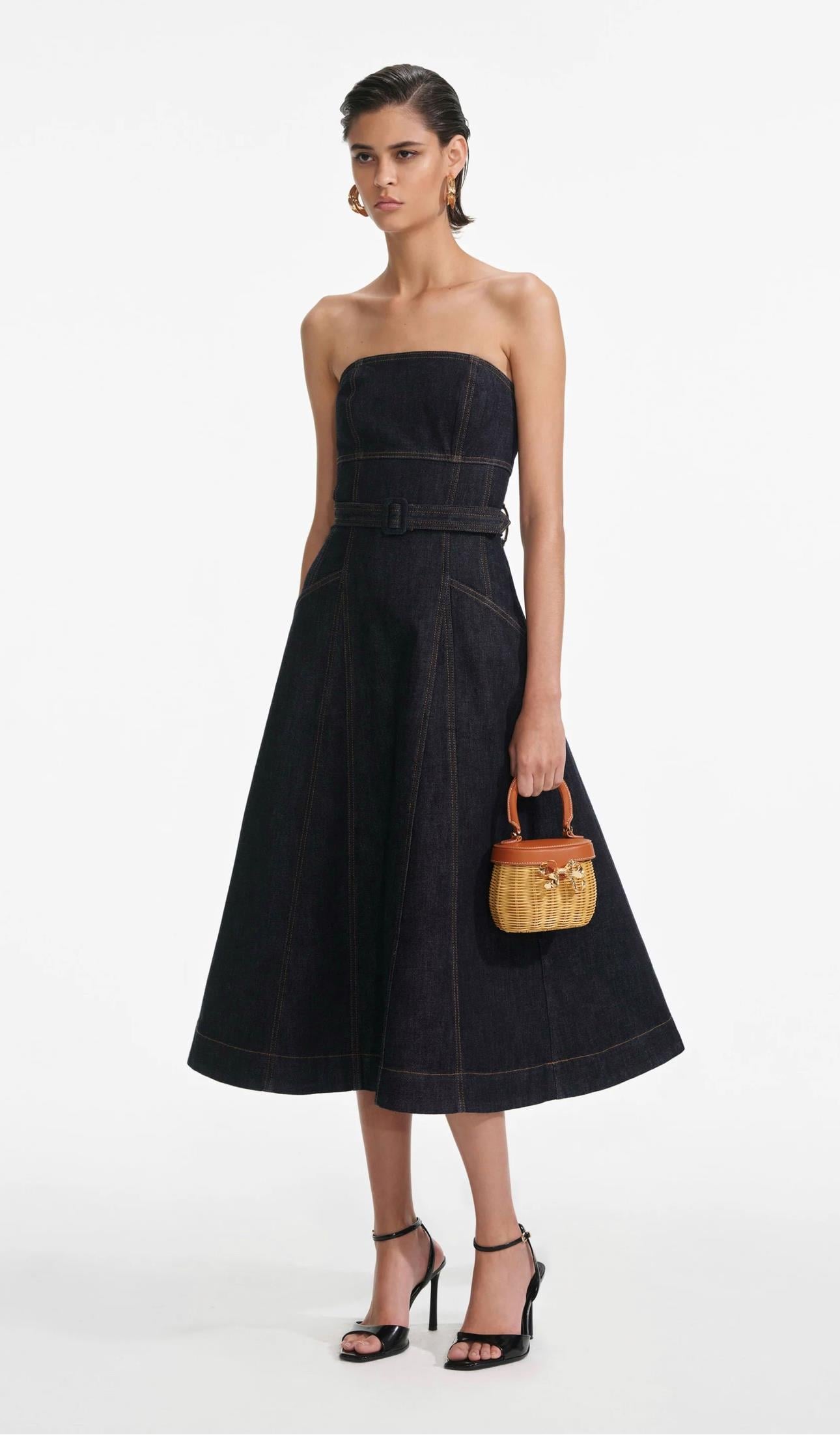 Straplez Kemerli Midi Jean Elbise