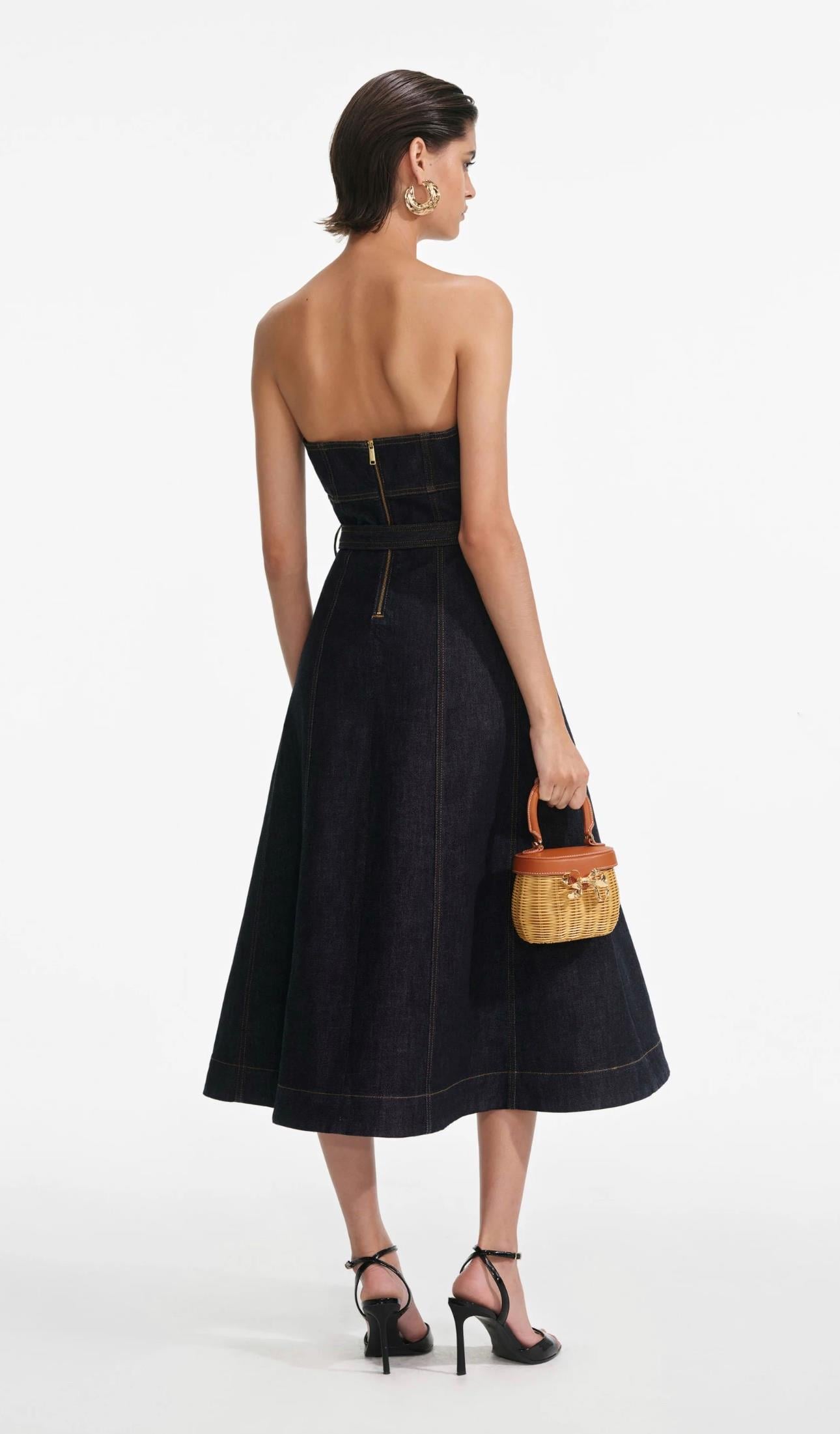 Straplez Kemerli Midi Jean Elbise