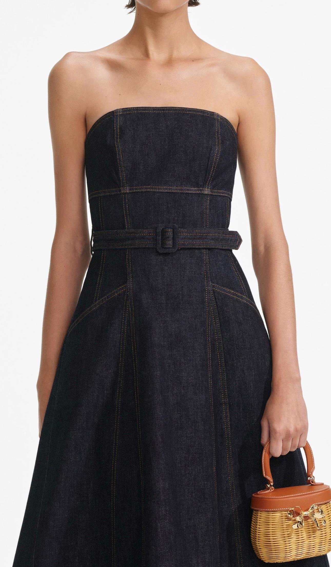 Straplez Kemerli Midi Jean Elbise
