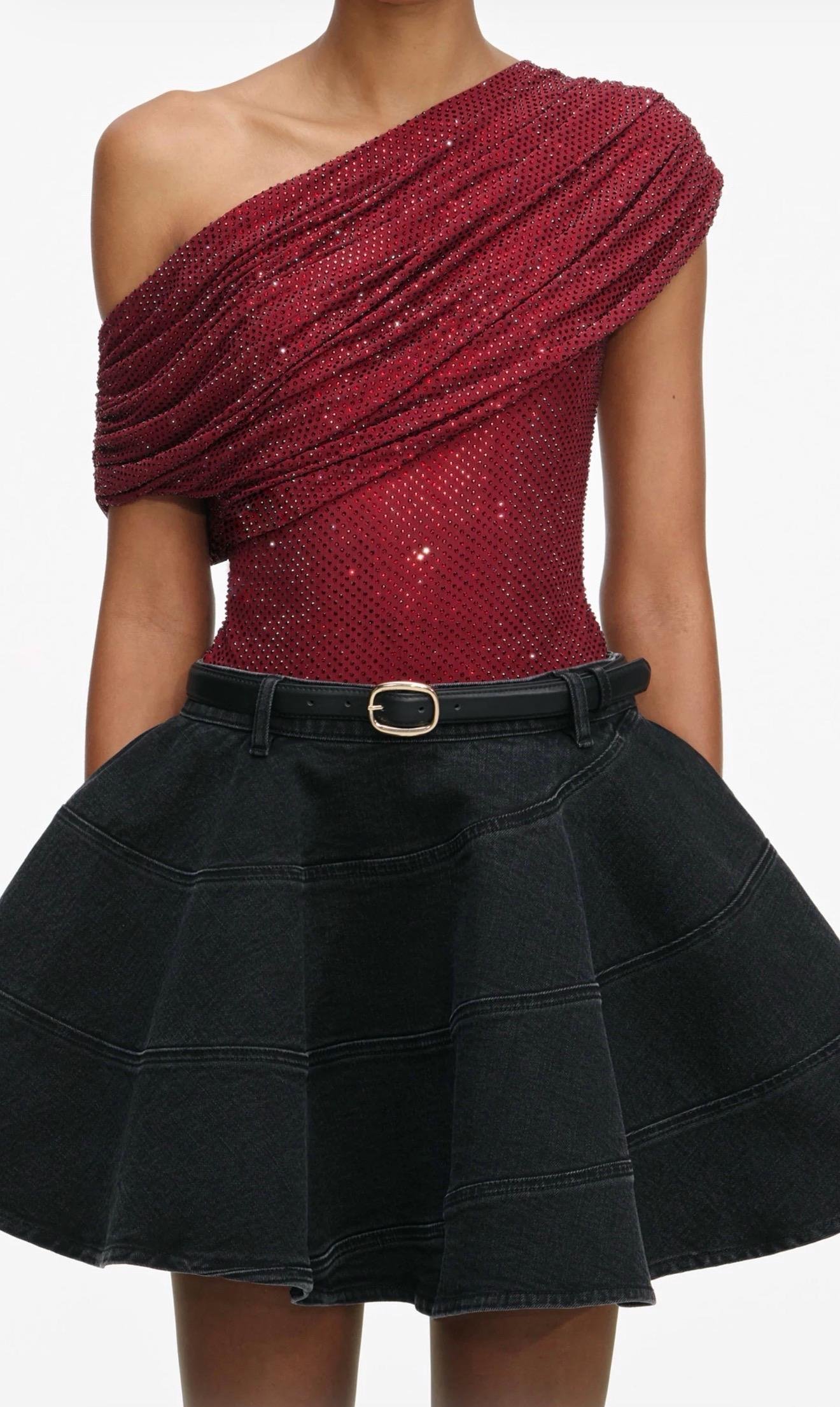 Tek Omzu Düşük Bordo Kristal Taşlı Premium Bluz