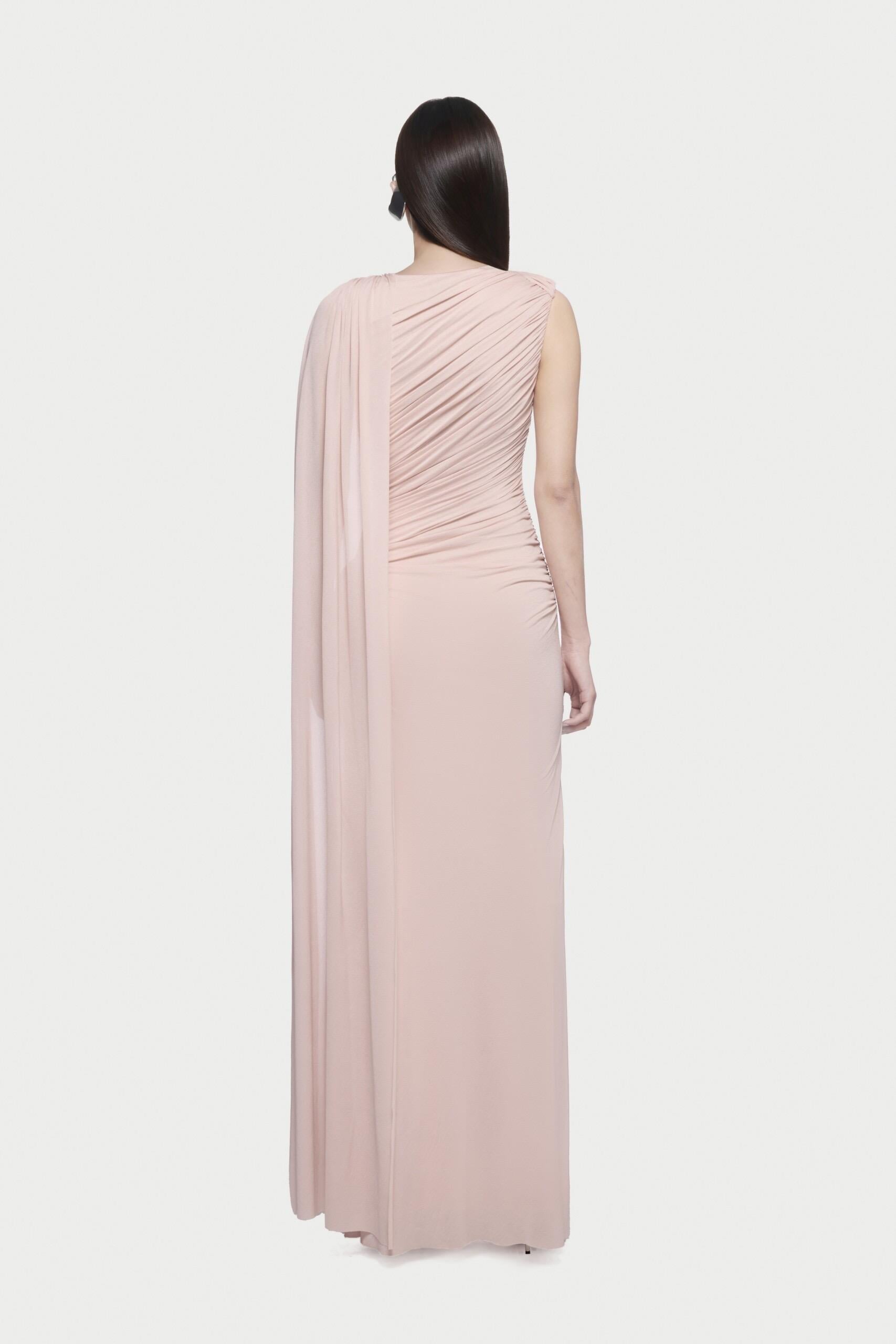 Tokalı Pelerin Detaylı Tek Kollu Drape Pembe Tasarım Maksi Elbise