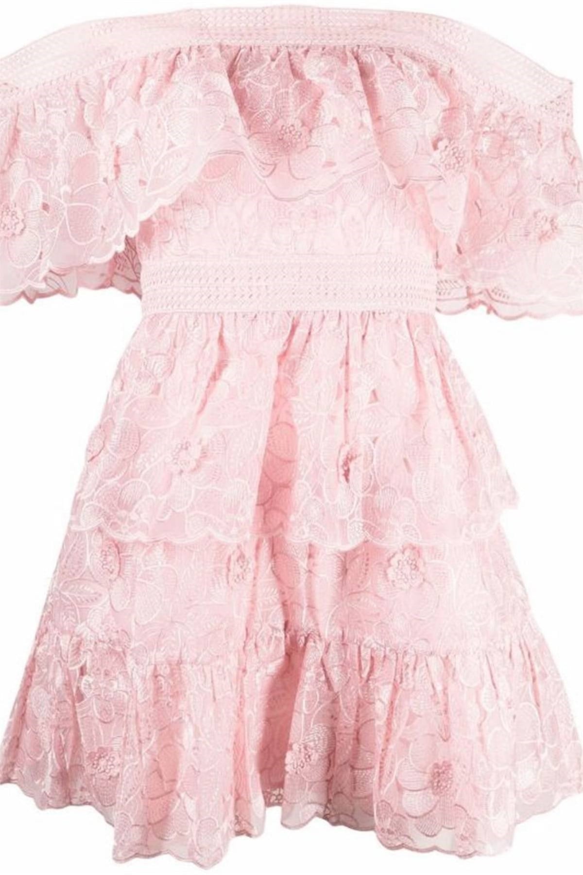 Toz Pembe Madonna Yaka Dantel Elbise