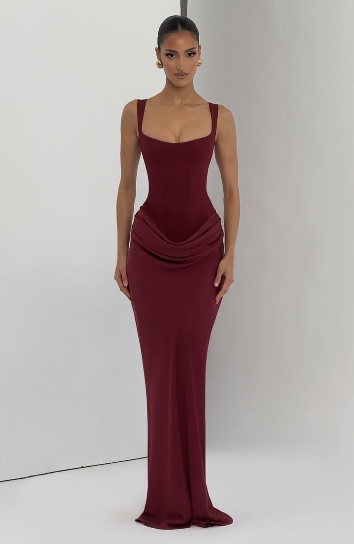 Üstü Korse Eteği Drape Detaylı Bordo Maksi Tasarım Elbise