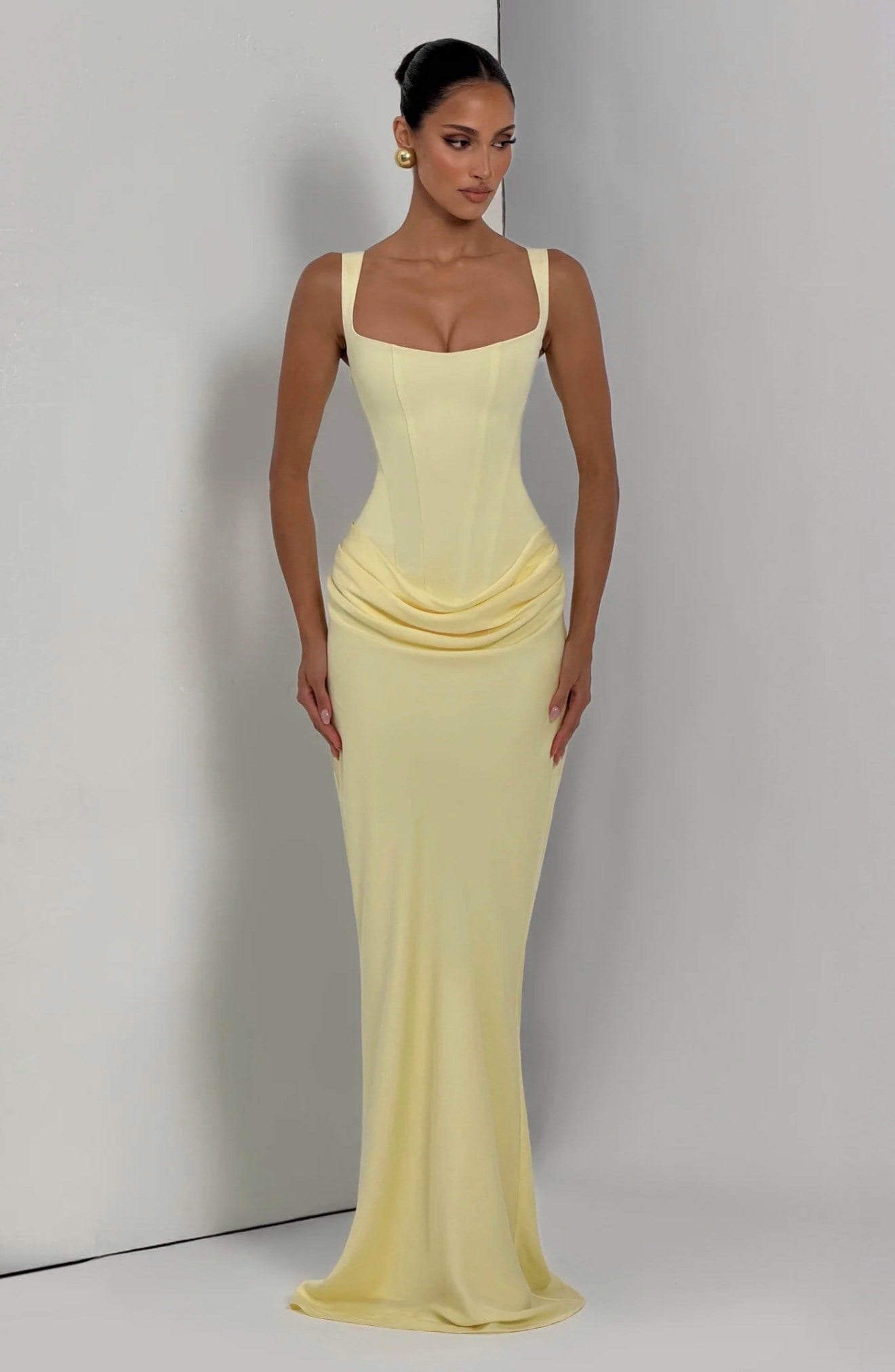 Üstü Korse Eteği Drape Detaylı Sarı Maksi Elbise
