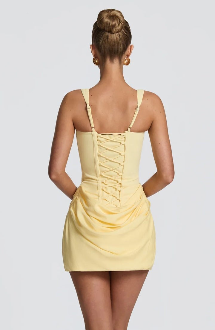 Üstü Korse Eteği Drape Detaylı Sarı Mini Tasarım Elbise