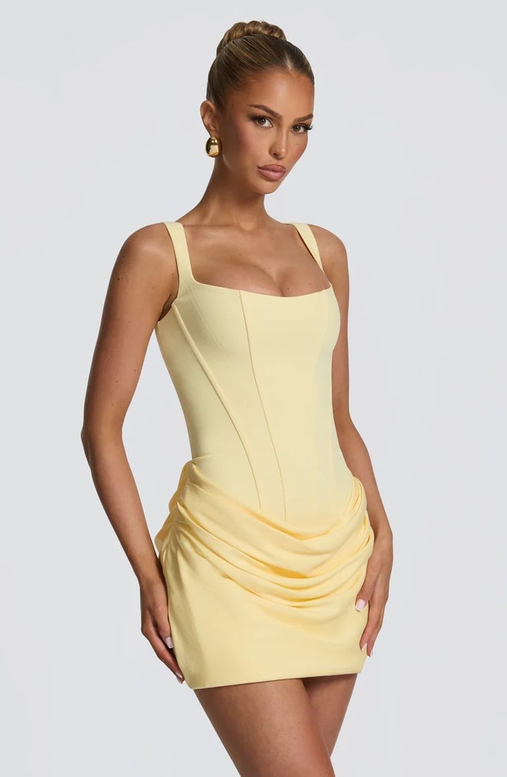 Üstü Korse Eteği Drape Detaylı Sarı Mini Tasarım Elbise
