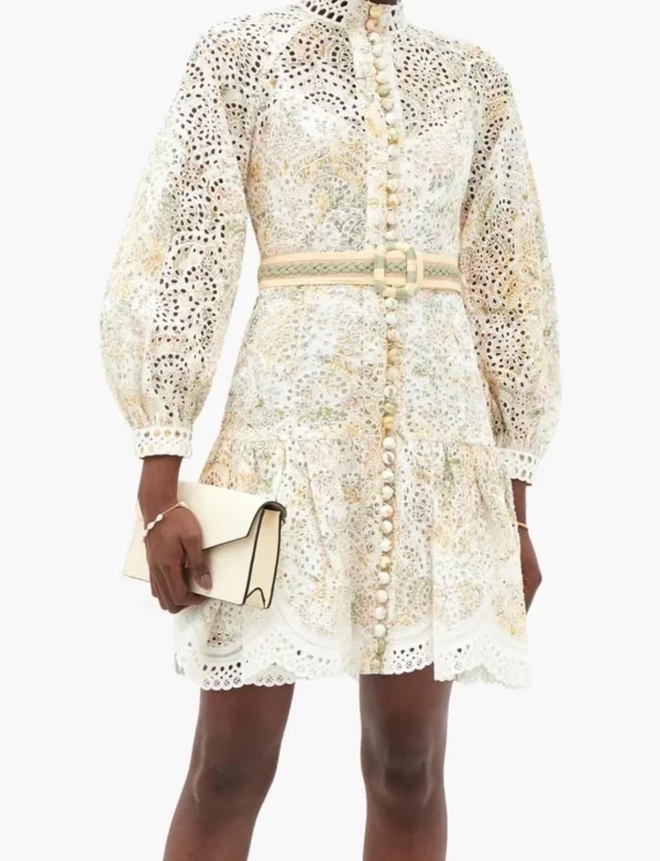 Uzun Kollu Kemerli Güpür Premium Mini Elbise