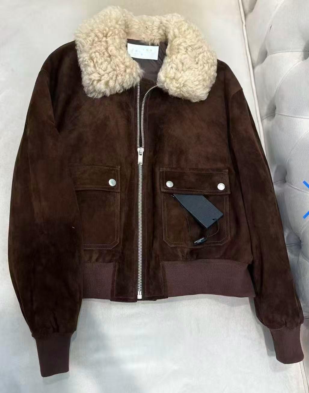 Yakası Tüylü Kahverengi Süet Premium Bomber Formlu Ceket