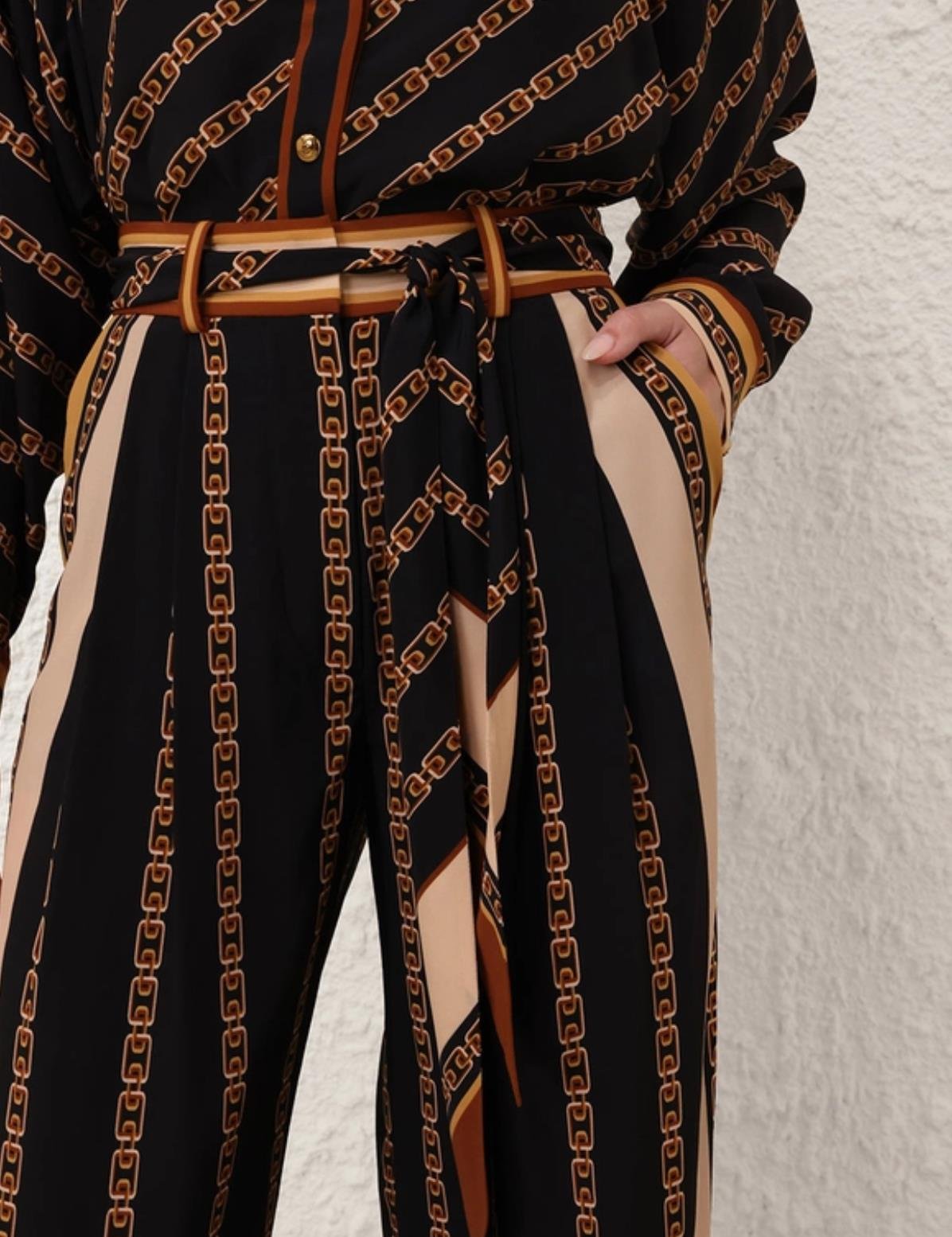 Zincir Desenli İpek Siyah Premium Gömlek ve Pantolon Takım