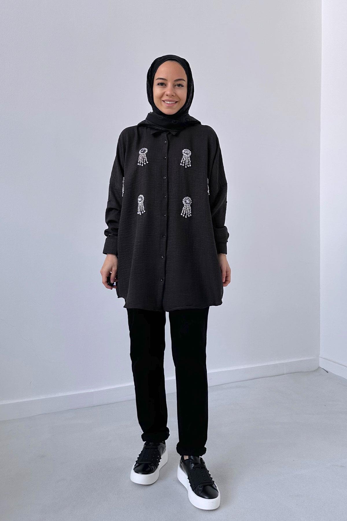 Capella Oversize Taşlı Gömlek - Siyah