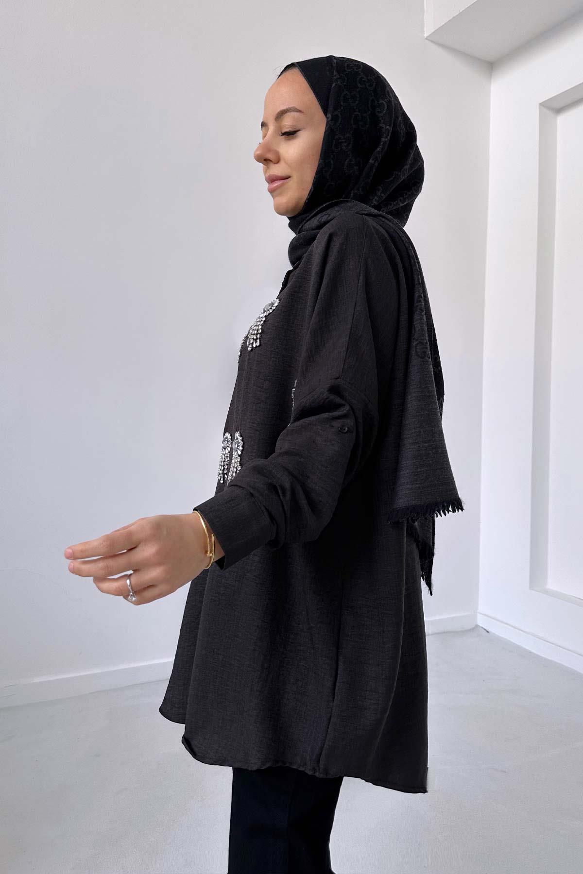Capella Oversize Taşlı Gömlek - Siyah