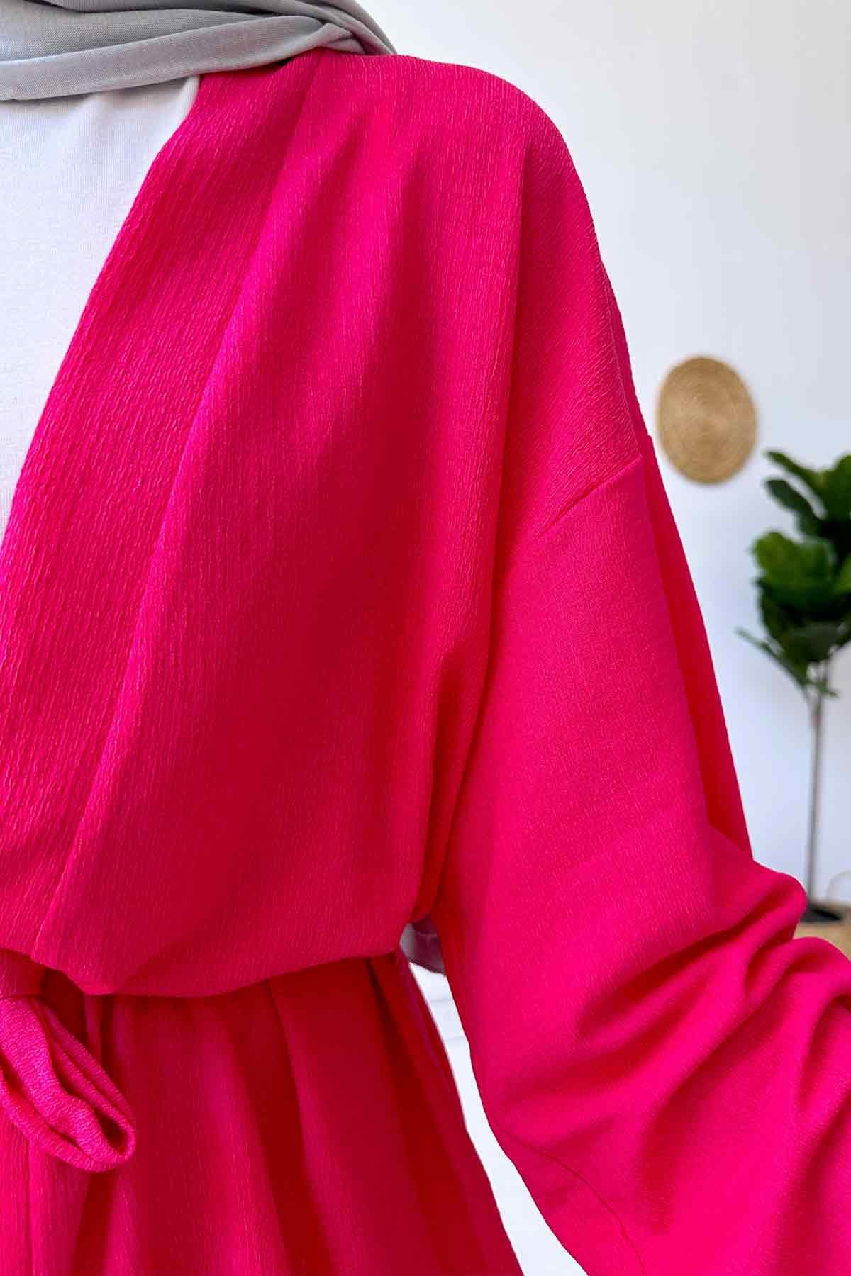 Fakir Kol Kemerli Kimono İkili Takım - Fuşya