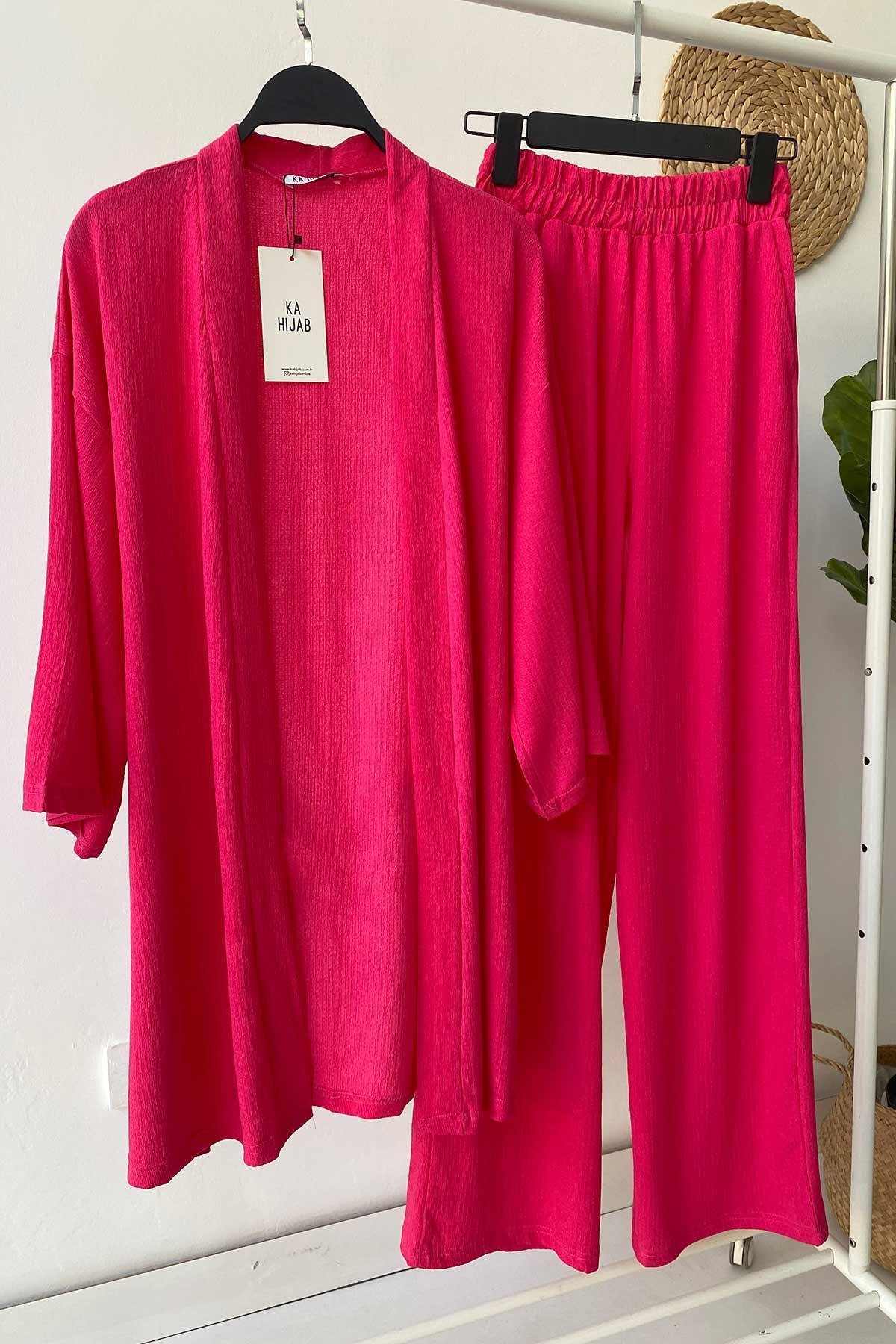 Fakir Kol Kemerli Kimono İkili Takım - Fuşya
