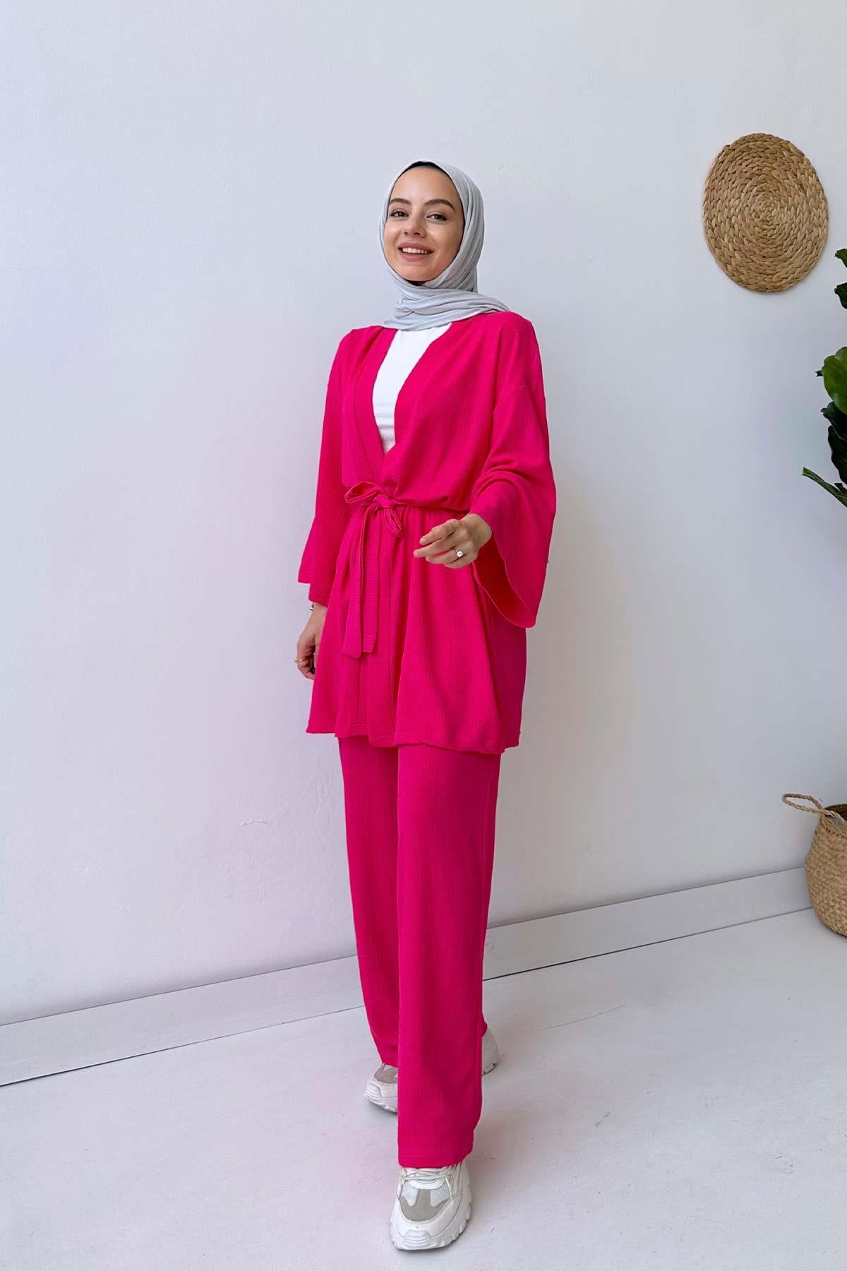 Fakir Kol Kemerli Kimono İkili Takım - Fuşya