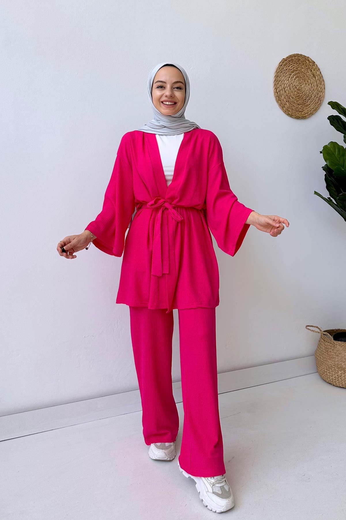 Fakir Kol Kemerli Kimono İkili Takım - Fuşya
