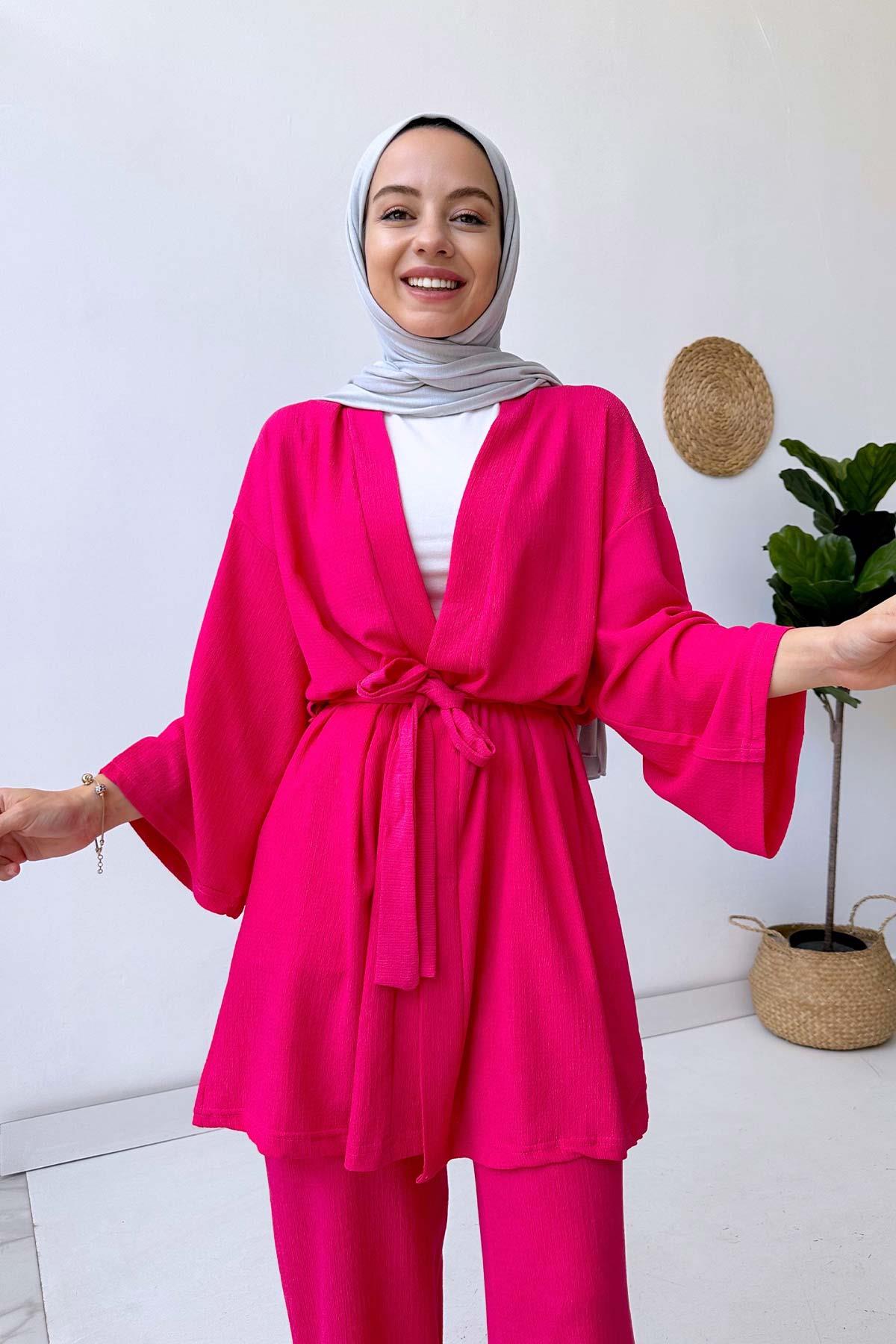 Fakir Kol Kemerli Kimono İkili Takım - Fuşya