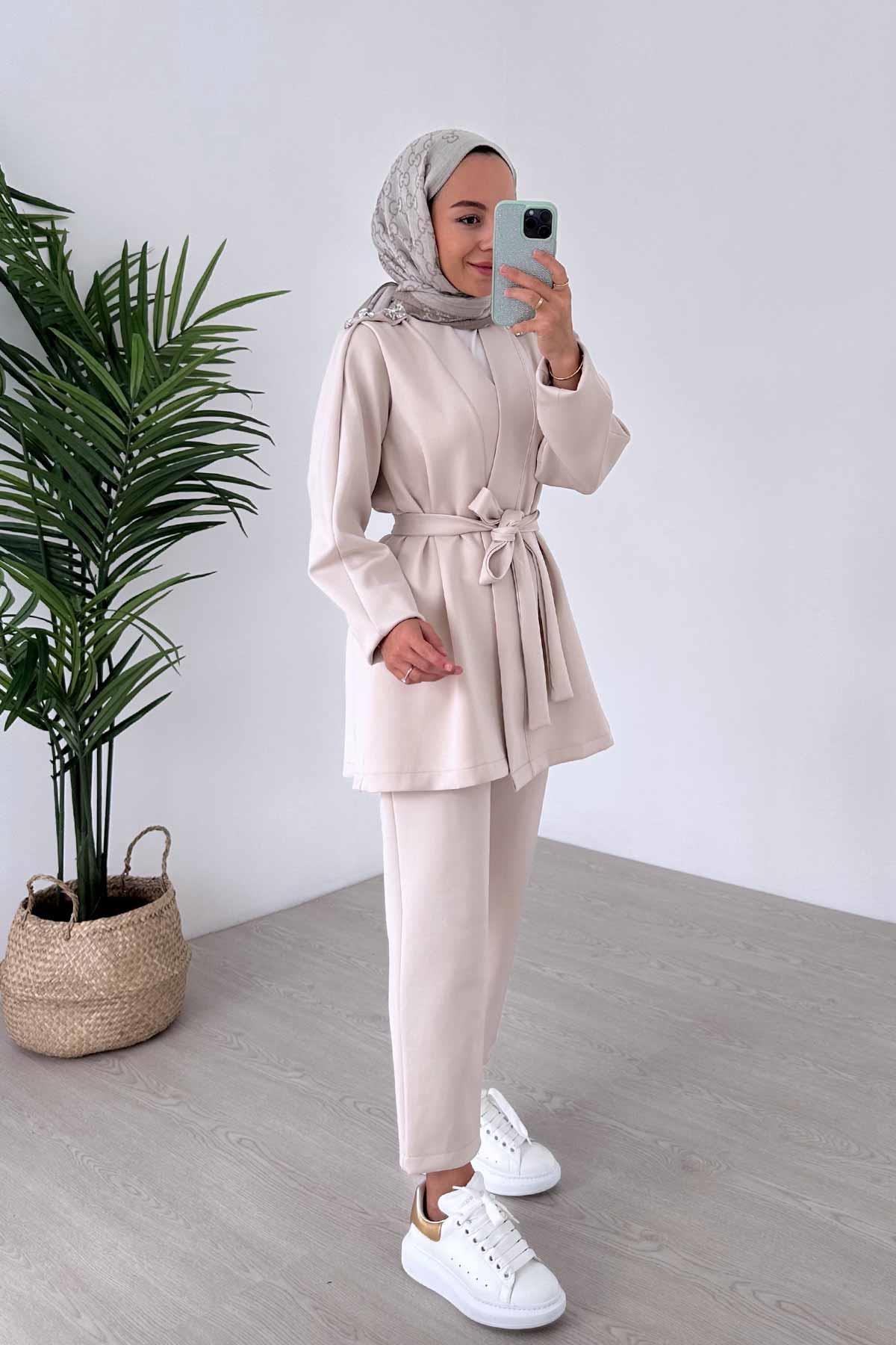 Omuz Detay İkili Kimono Scuba Takım - Bej