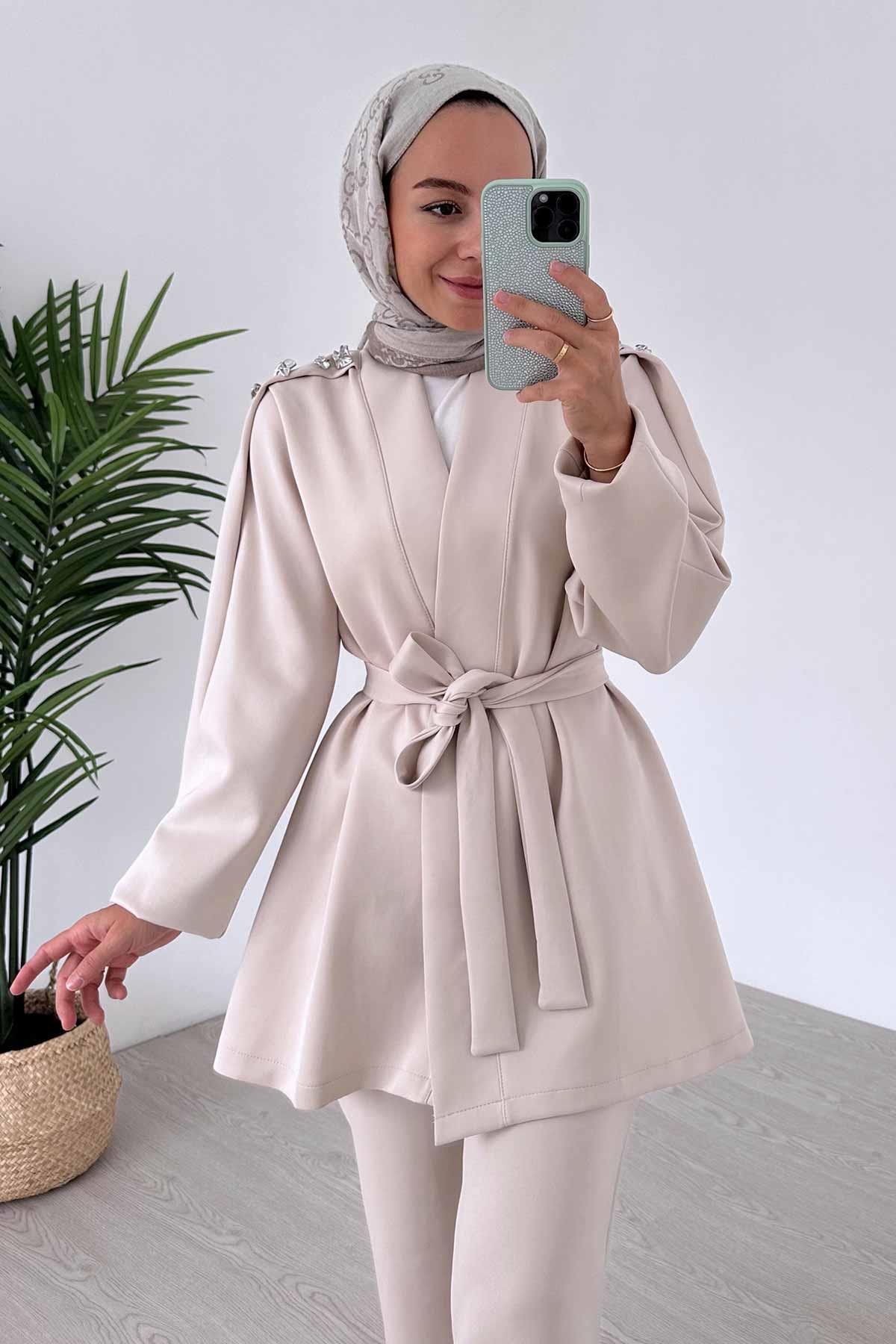 Omuz Detay İkili Kimono Scuba Takım - Bej