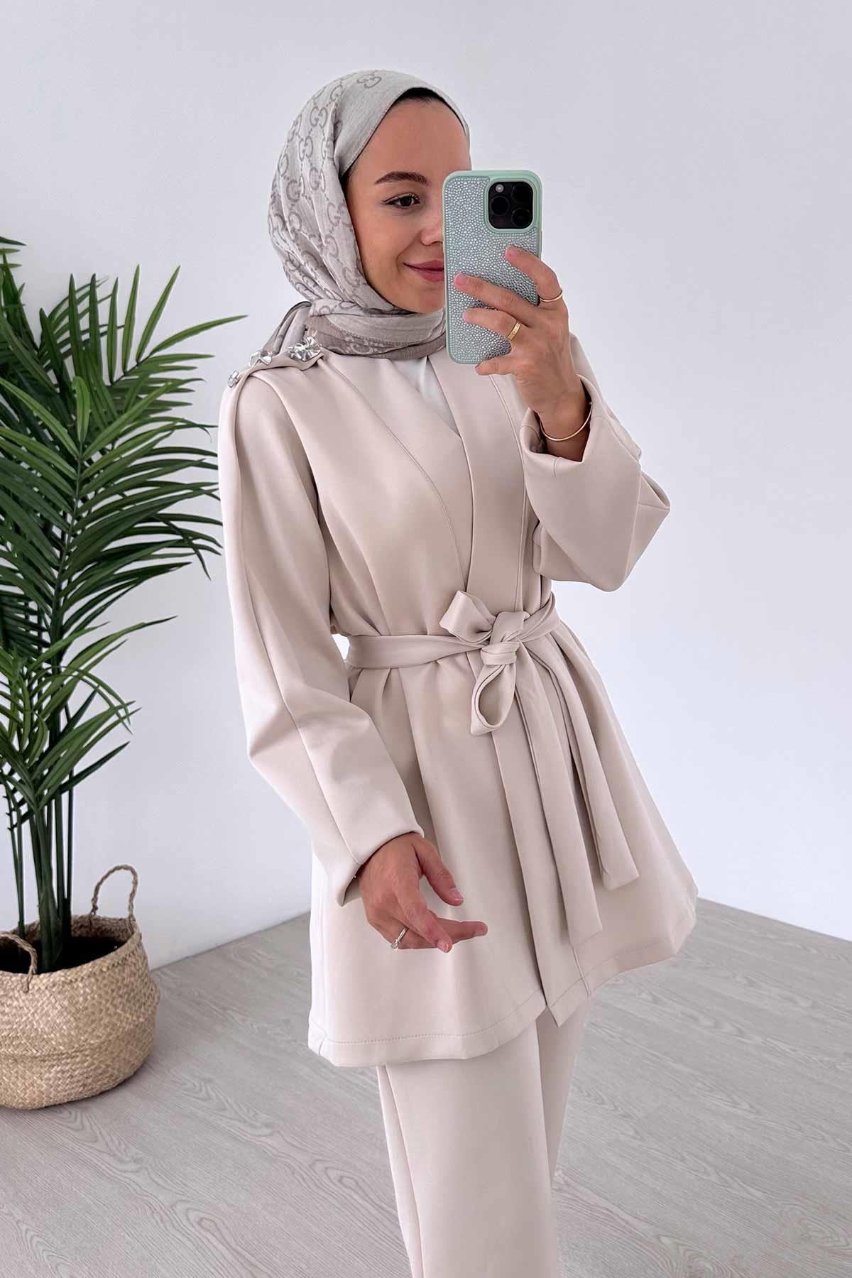 Omuz Detay İkili Kimono Scuba Takım - Bej