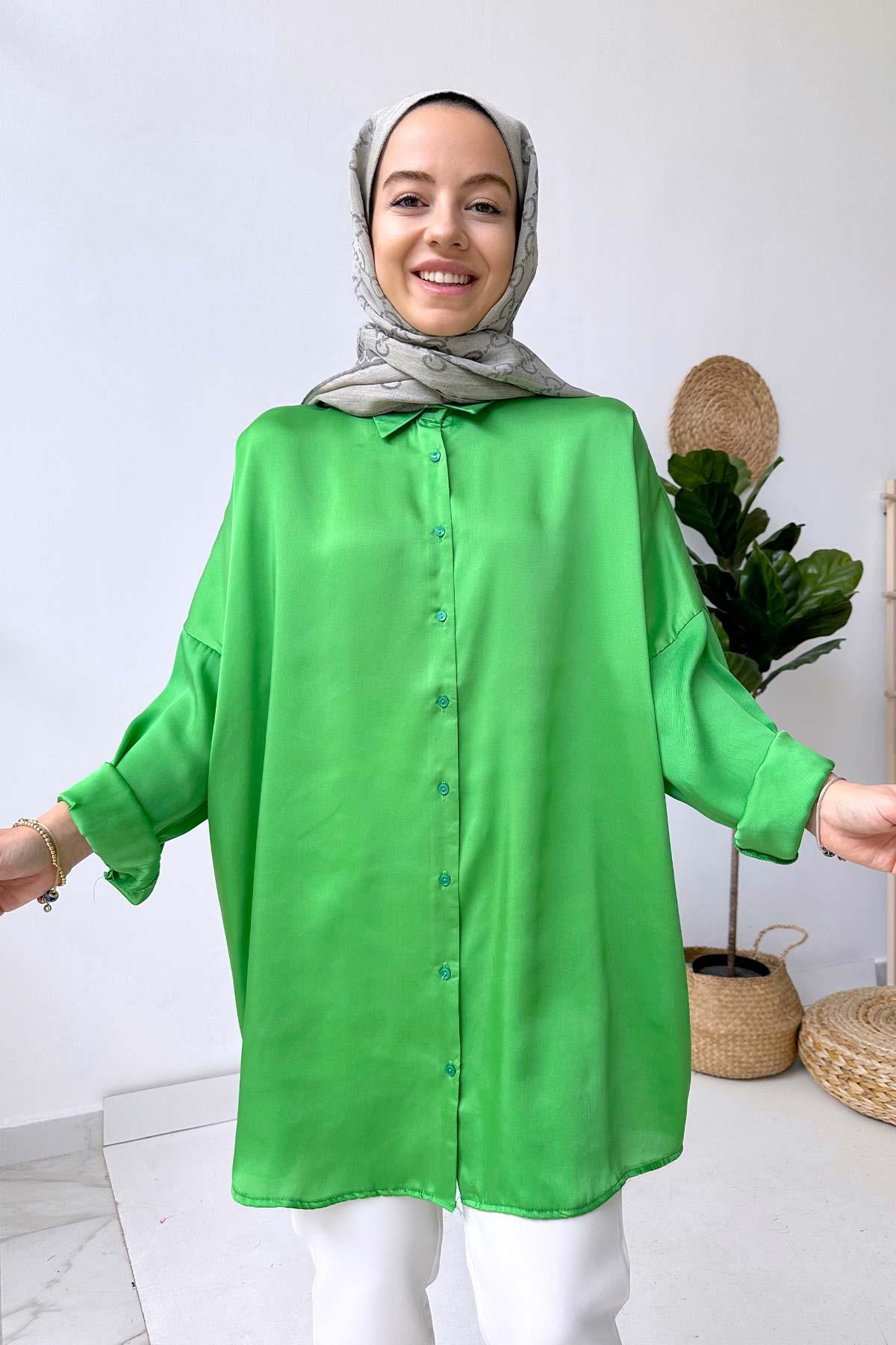 Oversize Saten Gömlek - Yeşil
