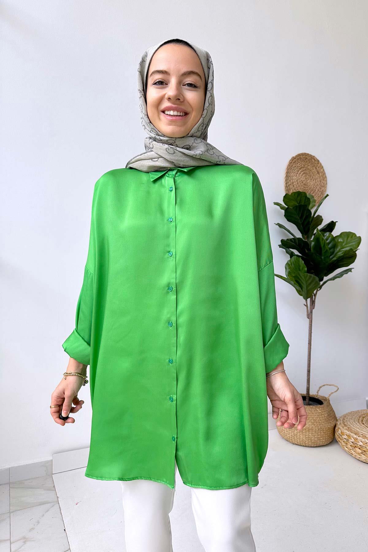 Oversize Saten Gömlek - Yeşil