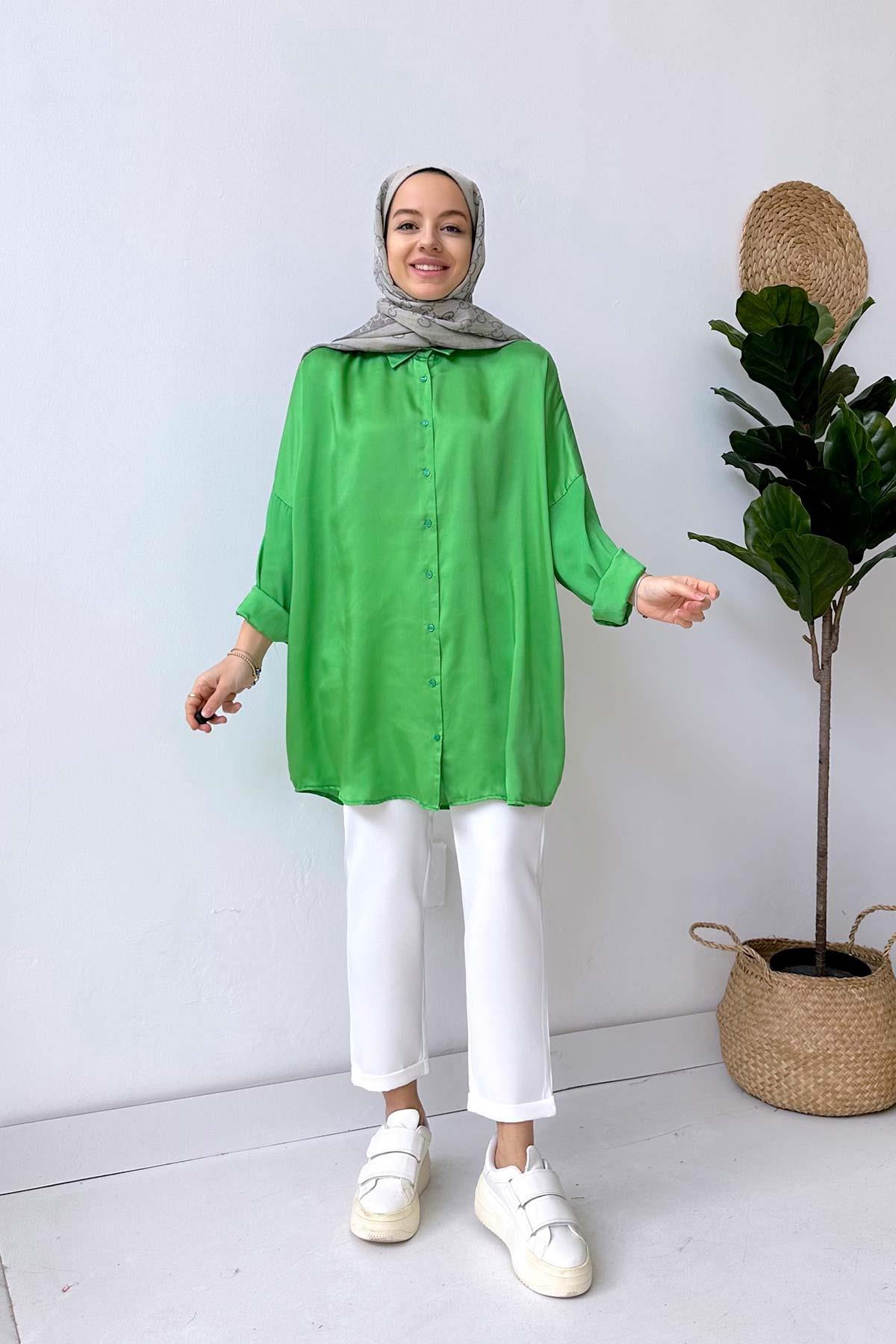 Oversize Saten Gömlek - Yeşil