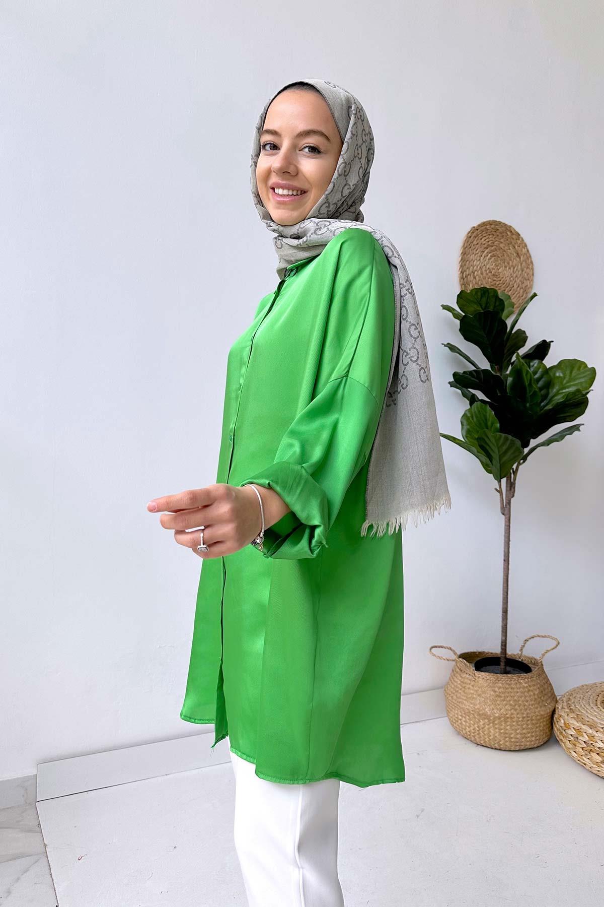 Oversize Saten Gömlek - Yeşil