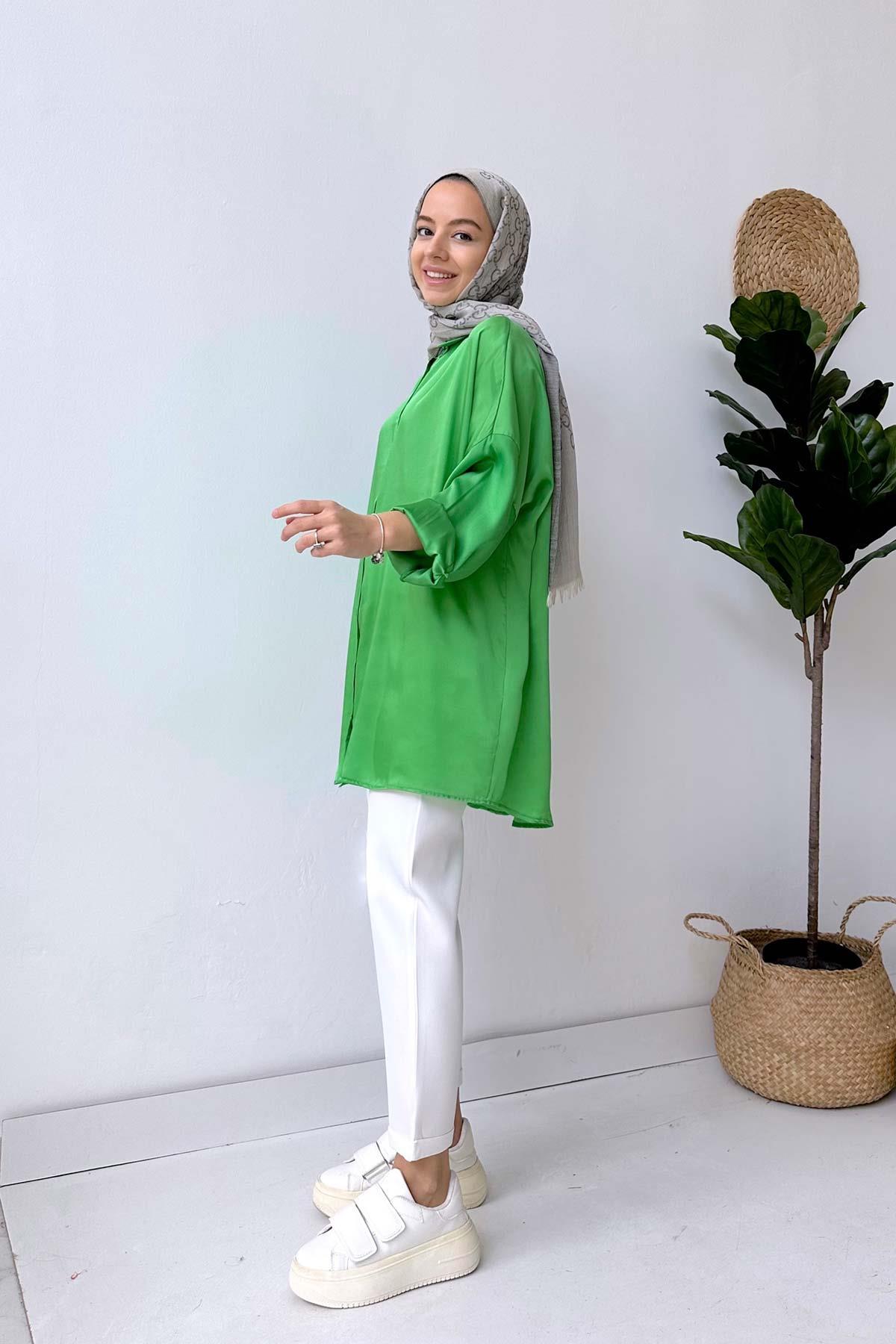 Oversize Saten Gömlek - Yeşil