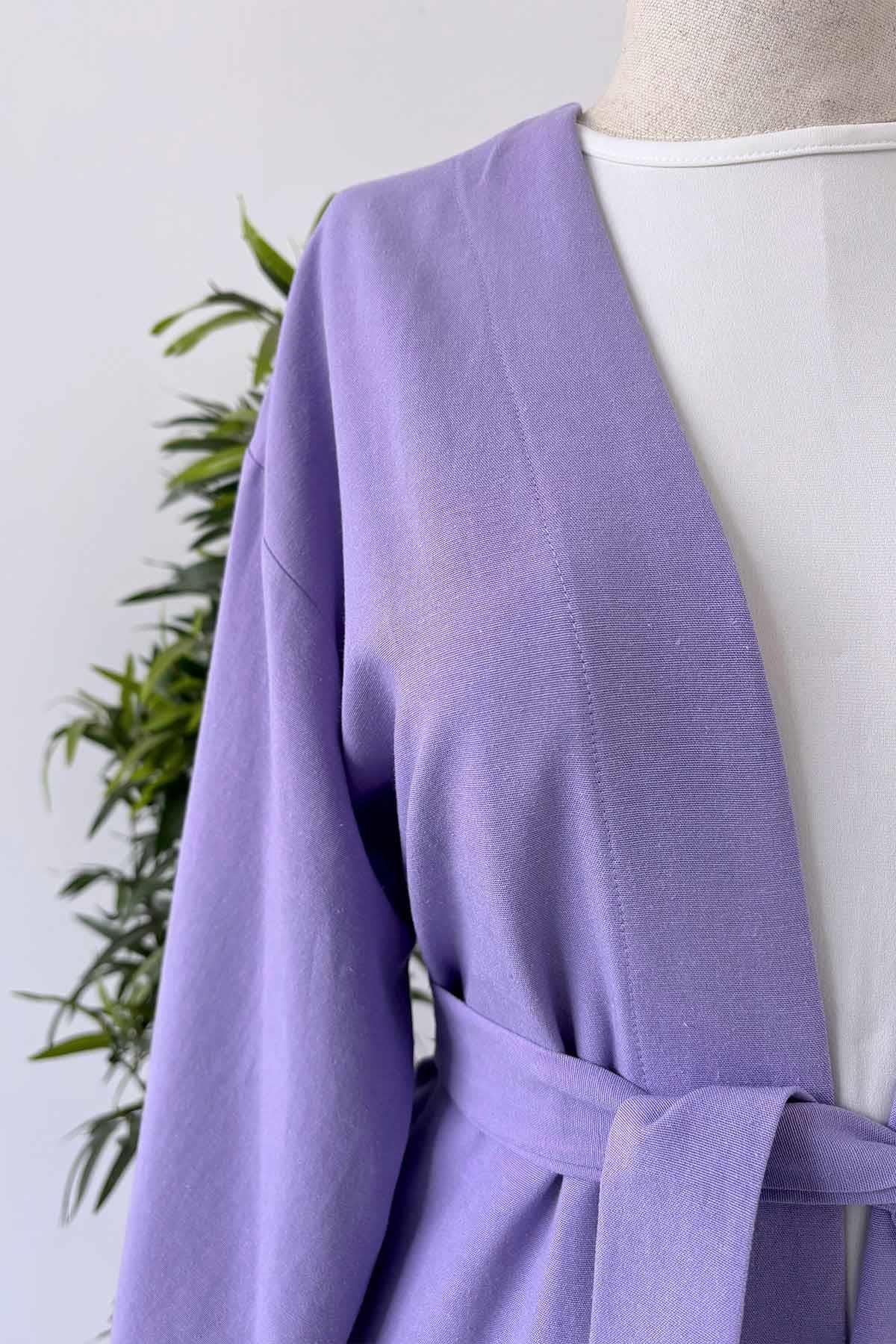 Uzun Kuşaklı Keten Kimono - Lila