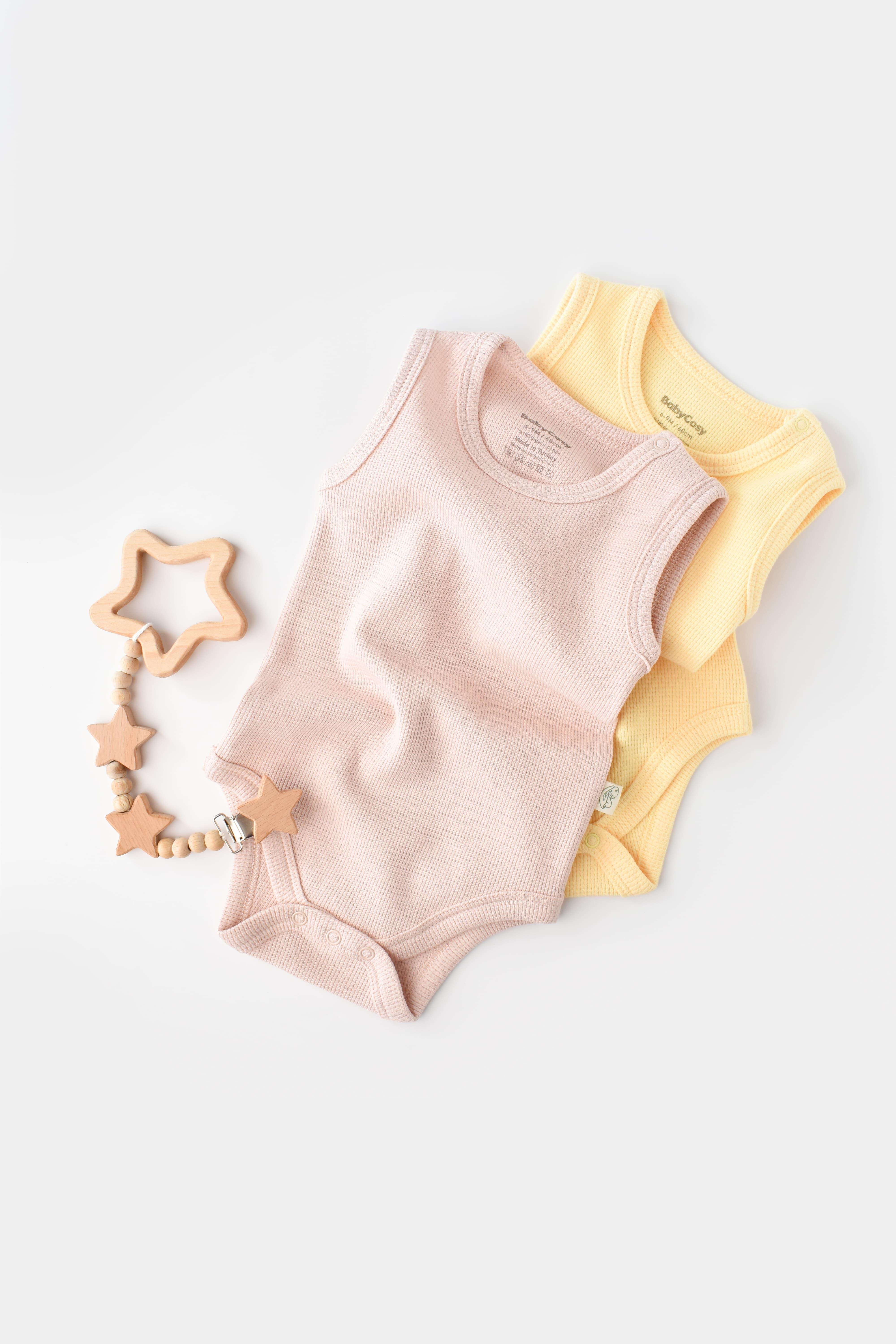 BabyCosy Organik Waffle İkili Askılı Body / Sarı - Pembe