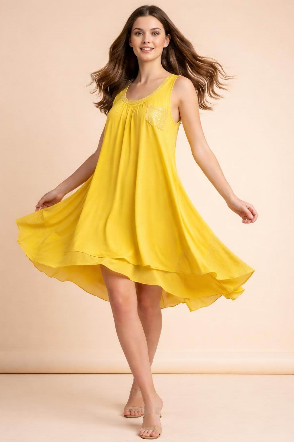 Made in Italy %100 Viskoz Doğal Dokulu Hamile Elbisesi - Sarı